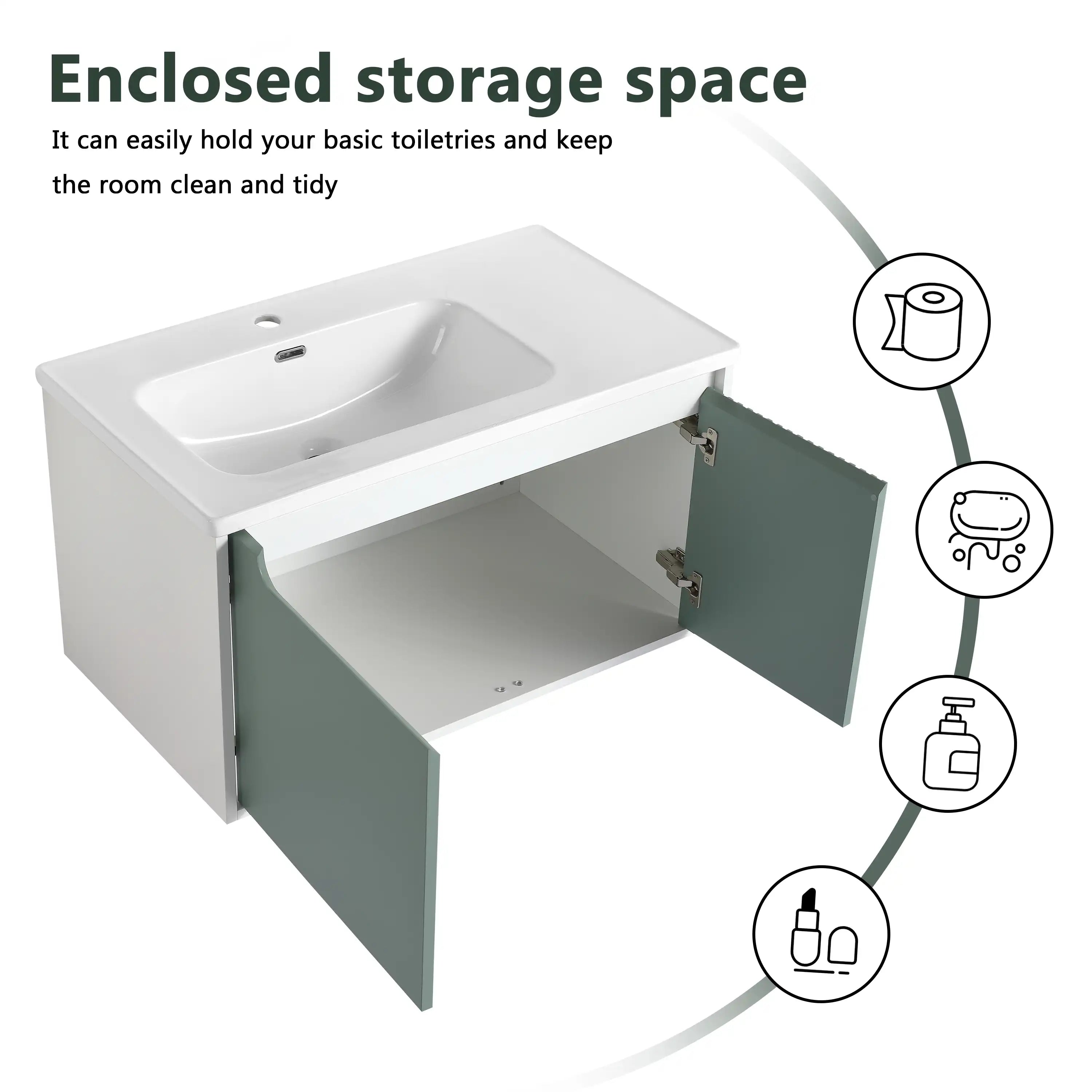 Enclosed storage view of mint green 36 bathroom vanity sink | Ace Decor
