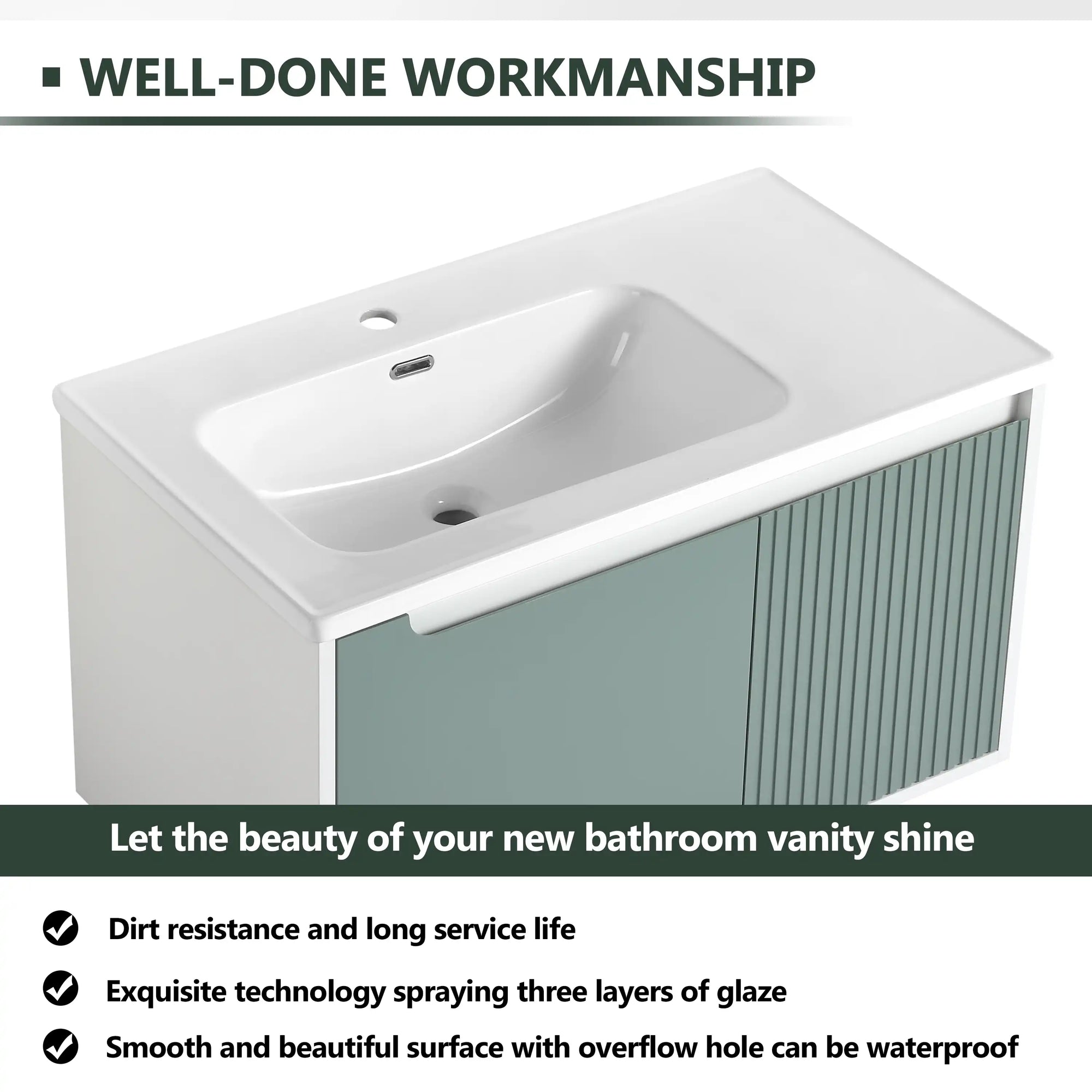 Ceramic top detail of mint green 36 bathroom vanity sink | Ace Decor