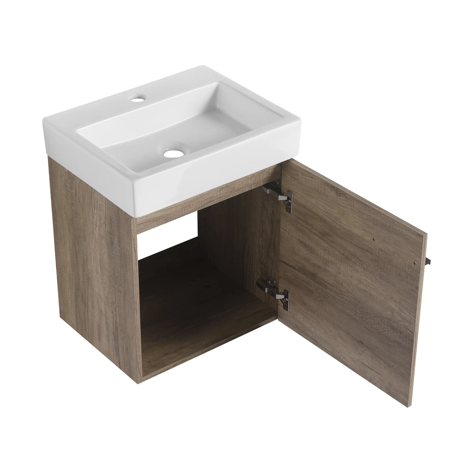 19&quot; Rustic Oak Wall-Mounted Bathroom Vanity with Ceramic Sink and Storage Cabinet
