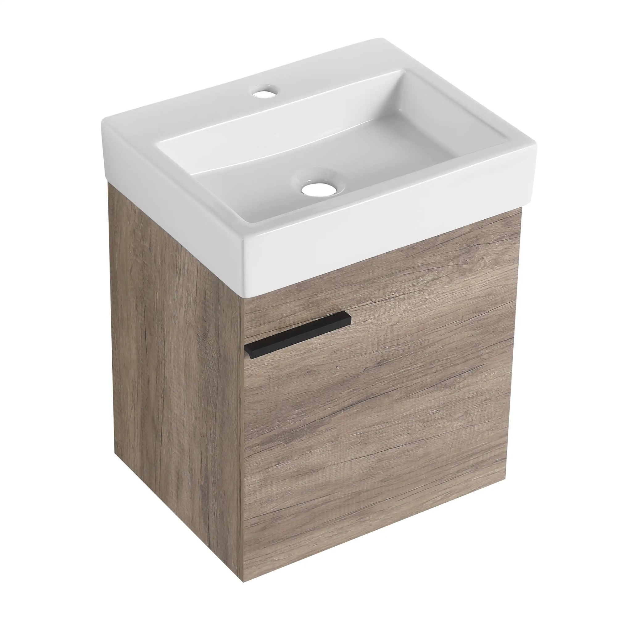 19" bathroom vanity space saver with ceramic sink in rustic oak, side front view | Ace Decor