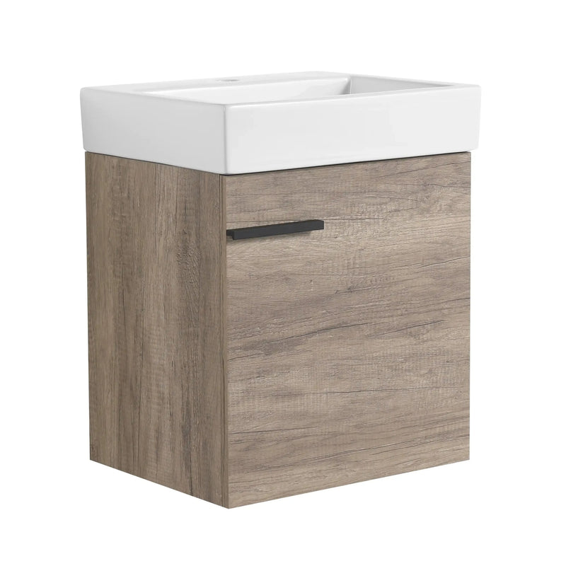 19" Rustic Oak Wall-Mounted Bathroom Vanity with Ceramic Sink and Storage Cabinet