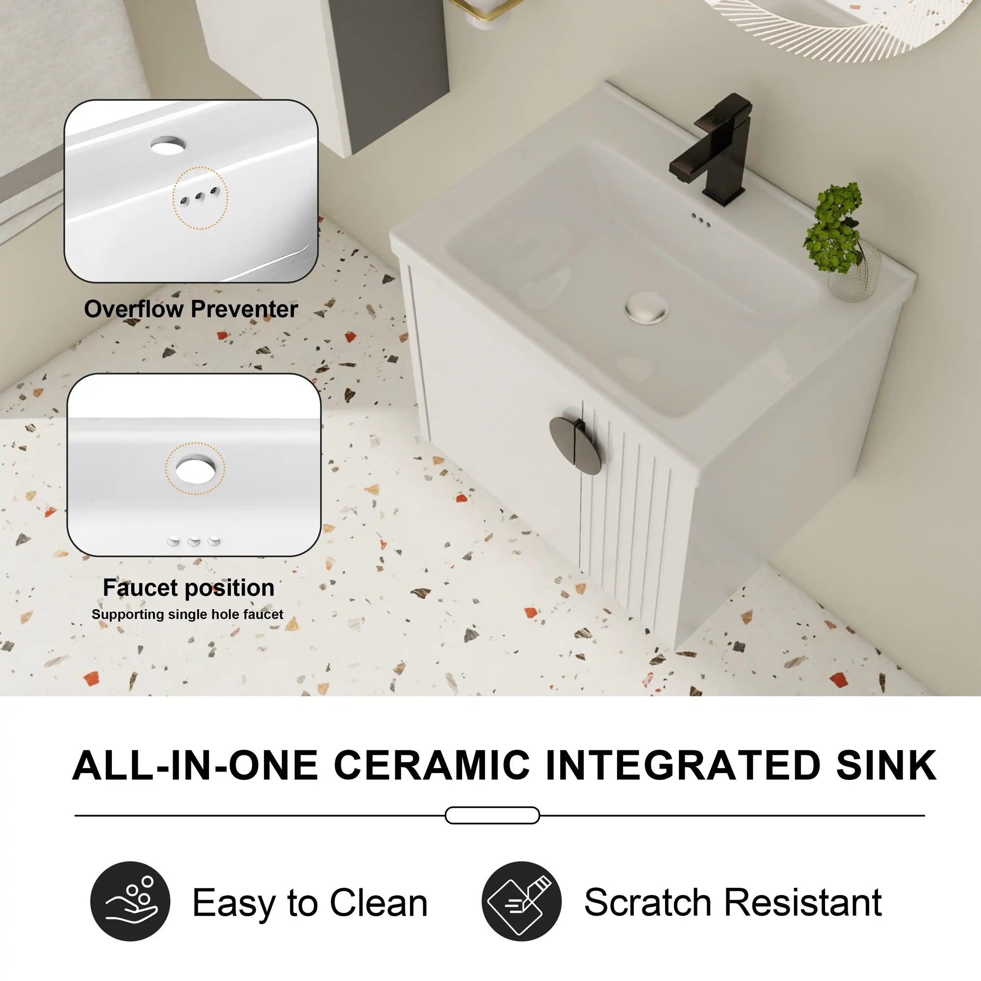 Integrated ceramic sink detail on floating bathroom vanity 24 inch with overflow | Ace Decor