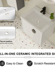 Integrated ceramic sink detail on floating bathroom vanity 24 inch with overflow | Ace Decor