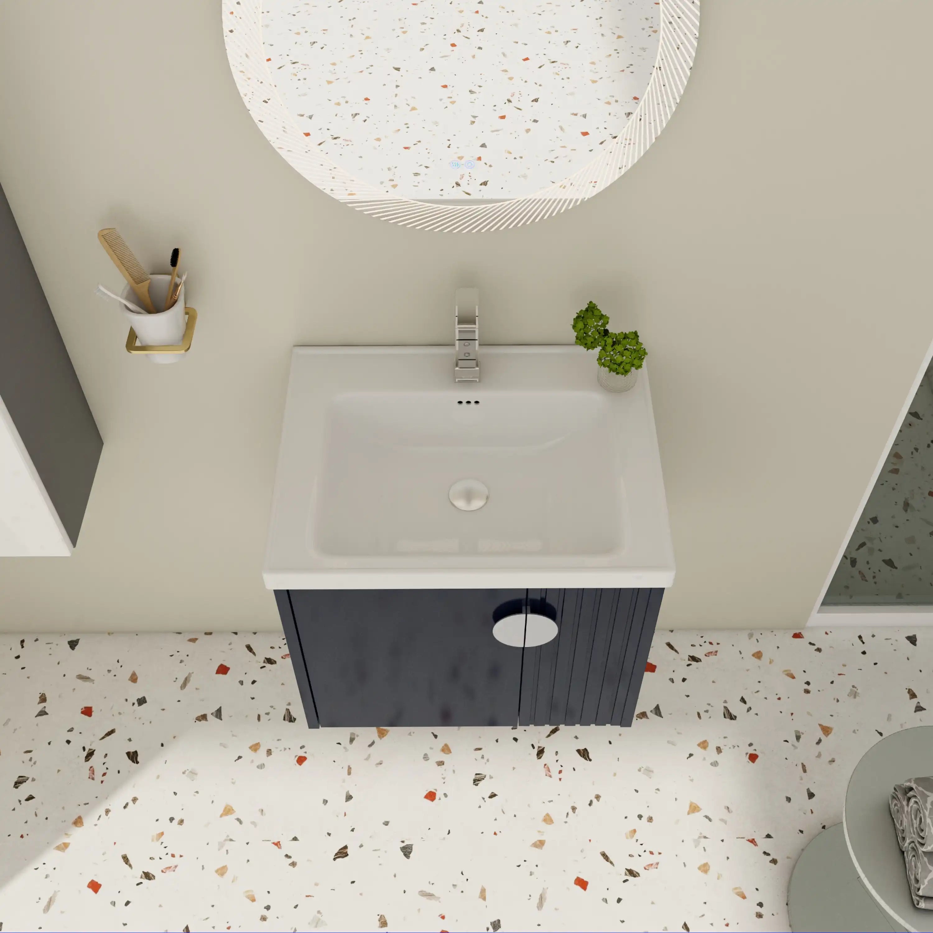 Top-down view of 24 inch bathroom black vanity with ceramic sink and single-hole faucet.