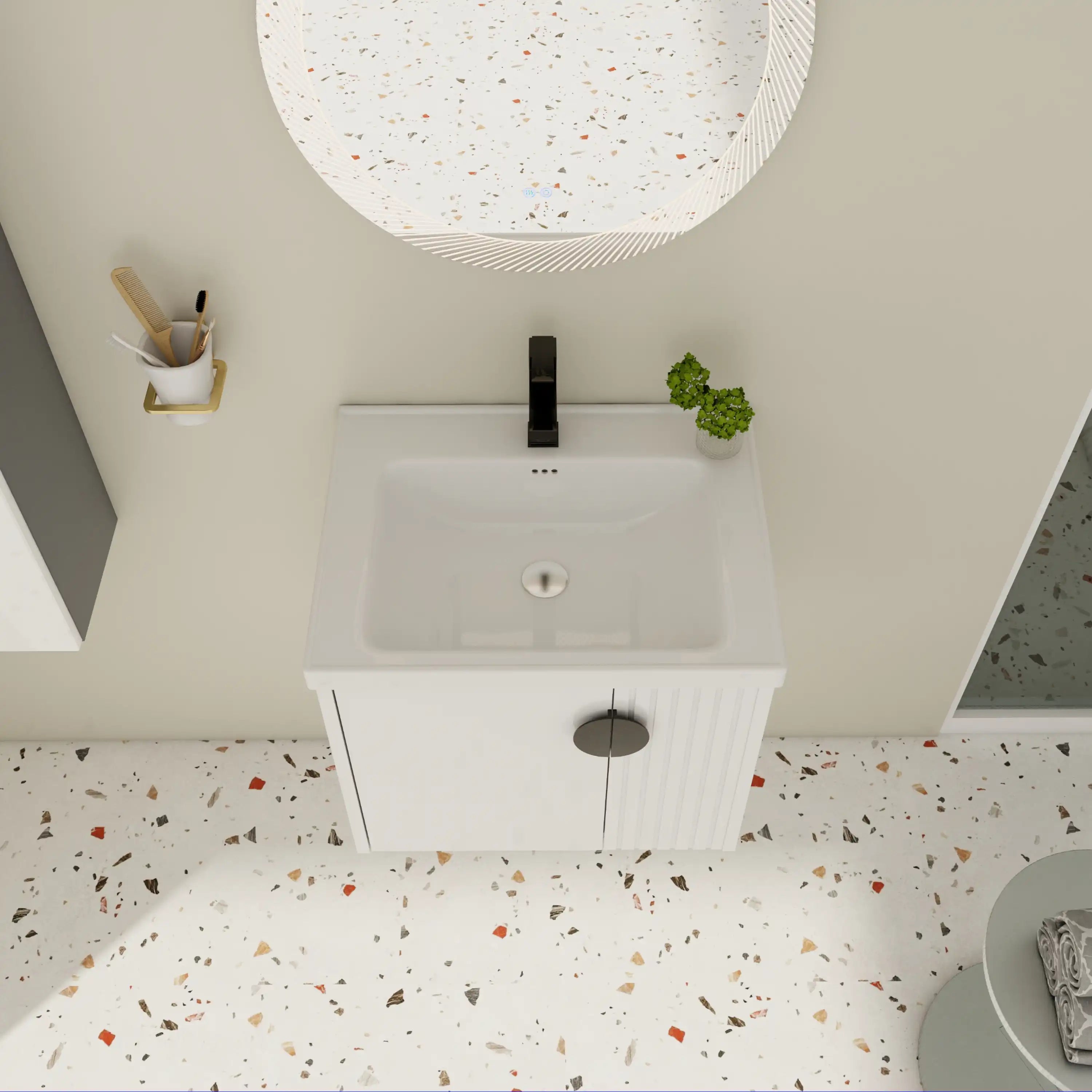Top view of floating bathroom vanity 24 inch with integrated ceramic sink and black faucet.