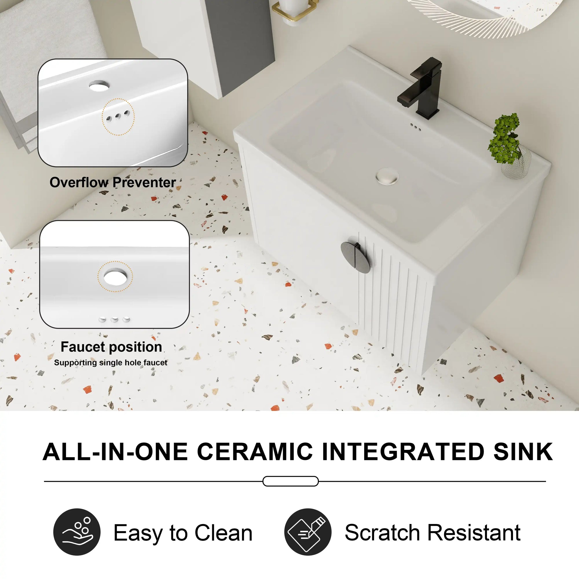 28 inch single floating vanity featuring integrated ceramic sink with overflow and single-hole faucet support | Ace Decor