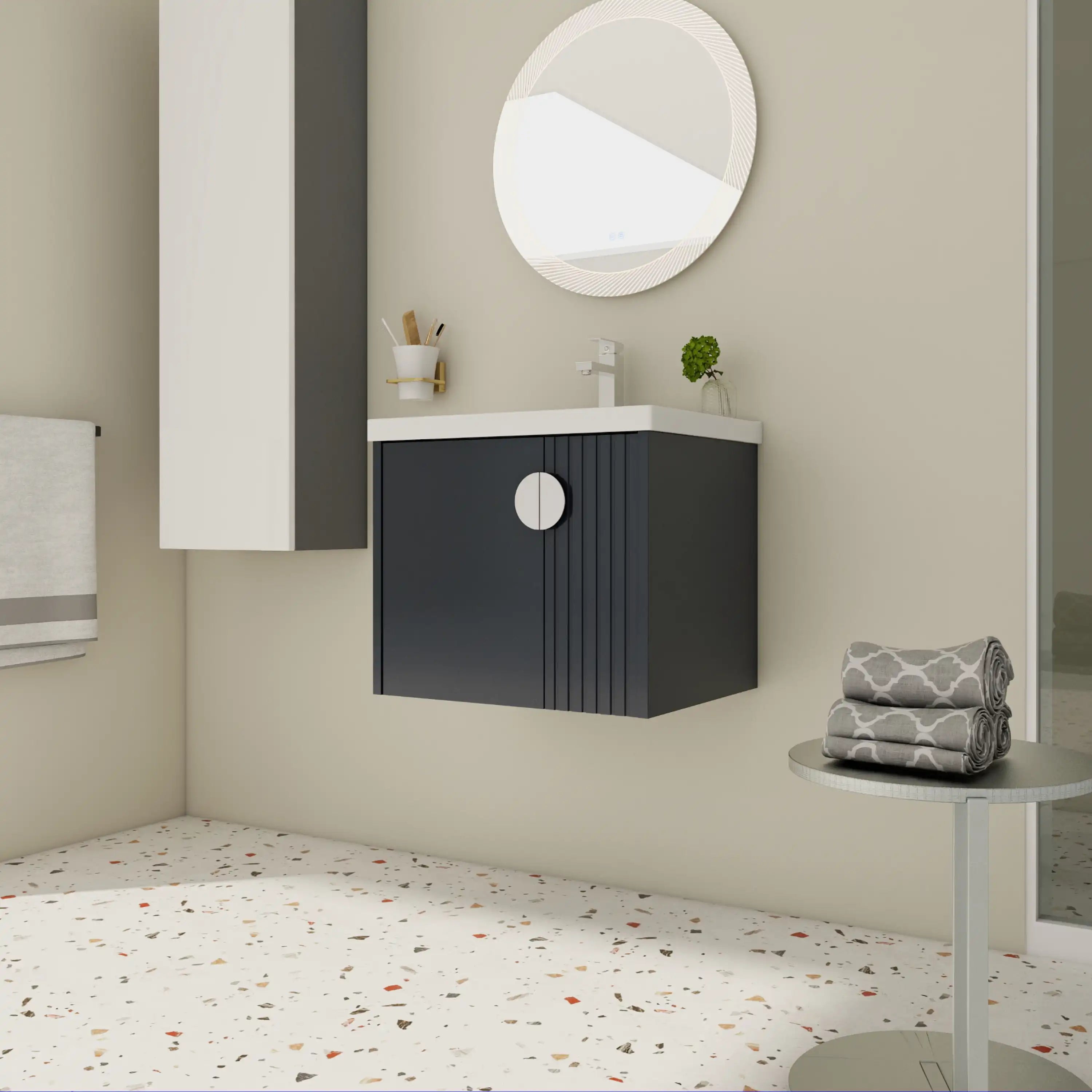 Angled view of 24 inch bathroom black vanity with chrome finish door handles and faucet.
