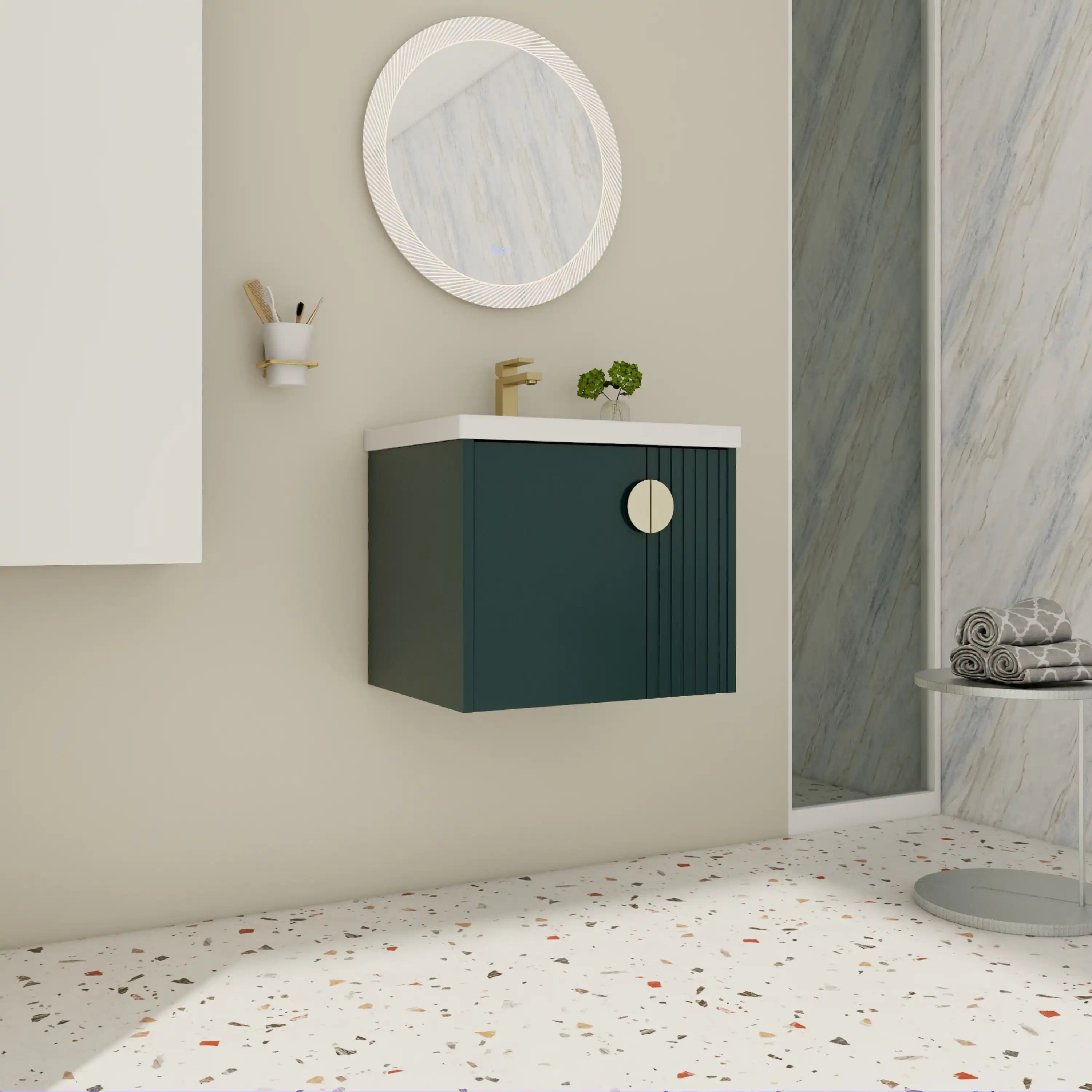 24 inch green bathroom vanity with sink, wall-mounted floating in contemporary bathroom setting.