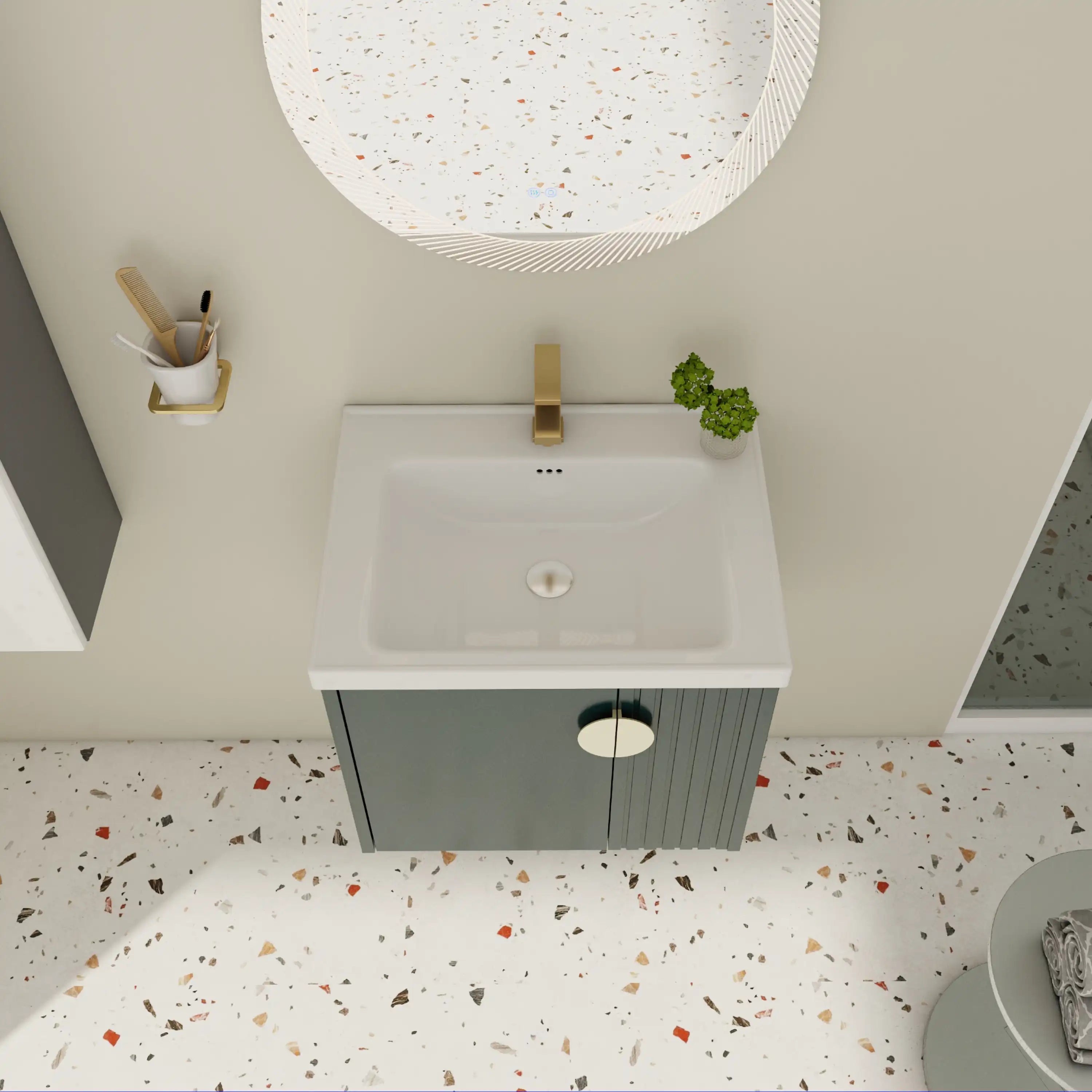 24 inch green bathroom vanity with sink, top view of floating wall-mounted design in modern bathroom.