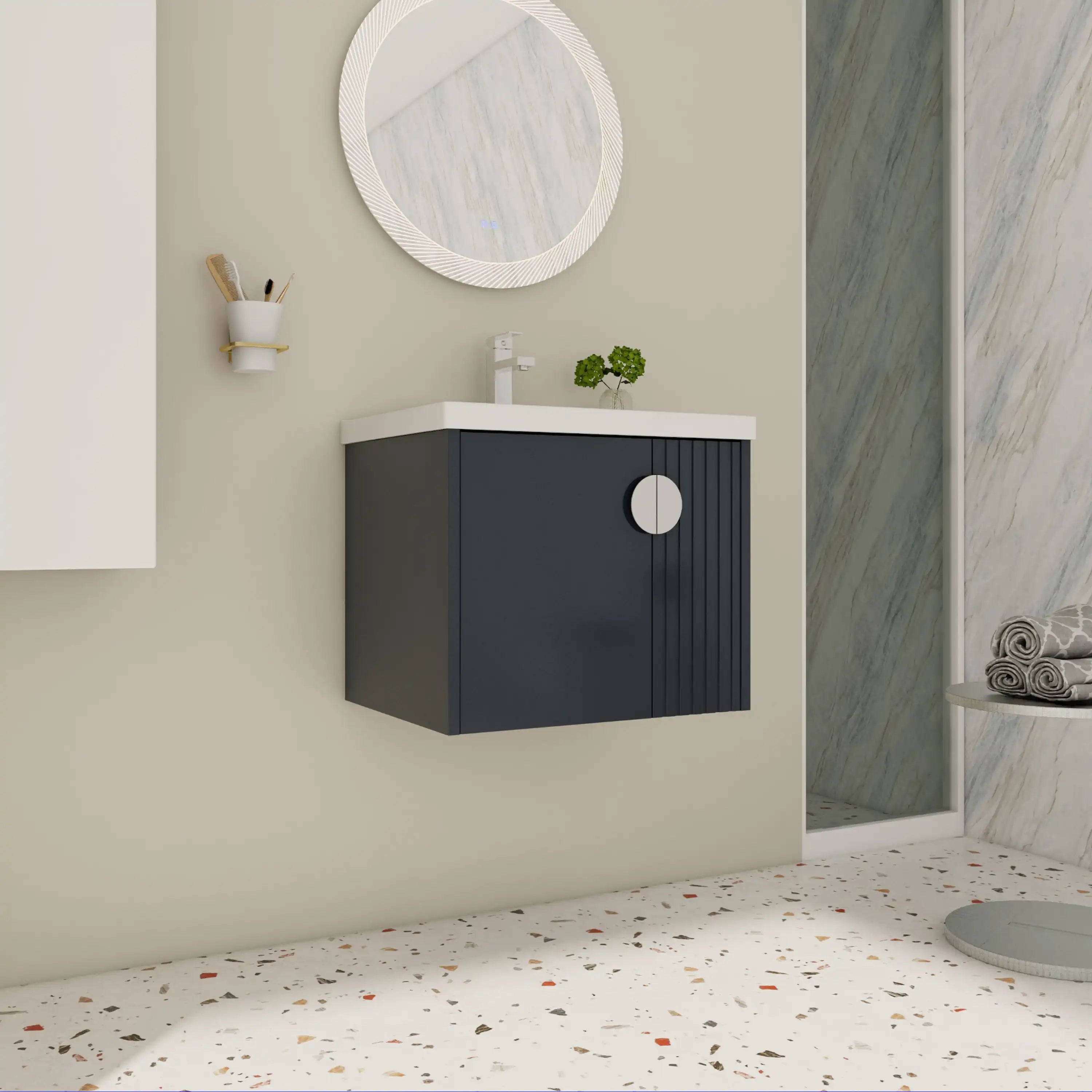 Side perspective of 24 inch bathroom black vanity highlighting floating installation design.