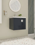 Side perspective of 24 inch bathroom black vanity highlighting floating installation | Ace Decor
