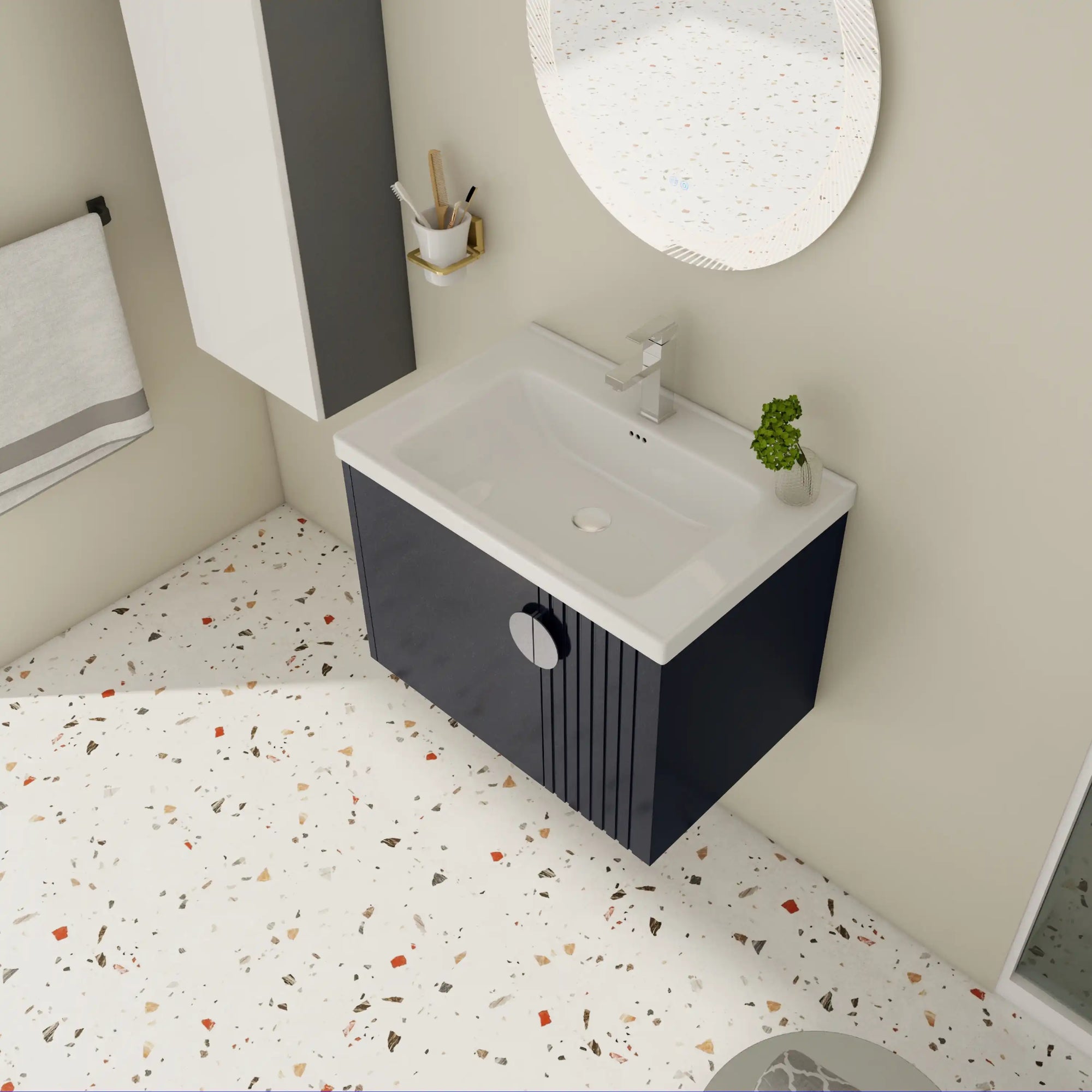 Top view of 28 inch floating bathroom sink vanity with integrated ceramic sink and single-hole faucet | Ace Decor