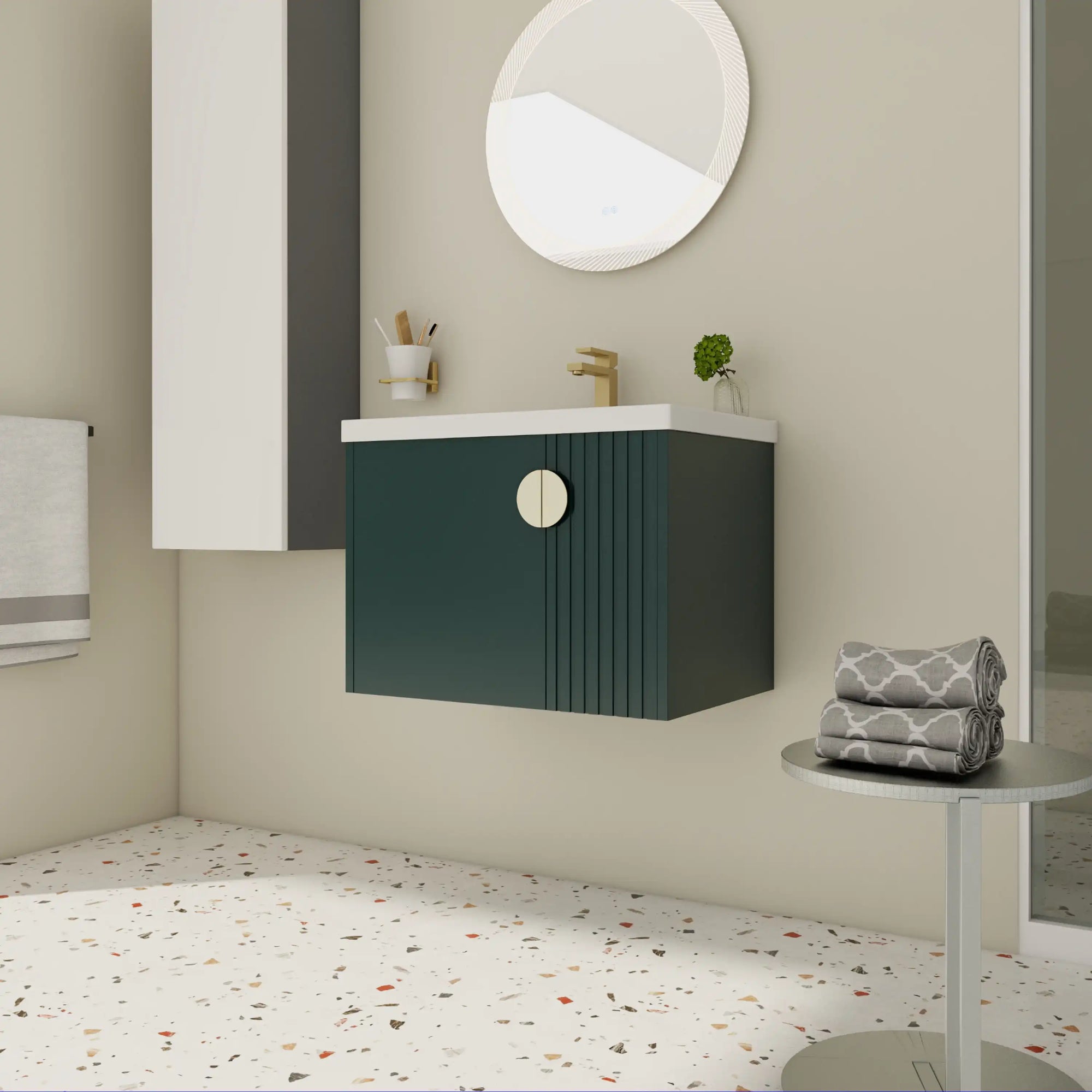 28 inch floating vanity small bathroom installed with round mirror and compact modern layout | Ace Decor