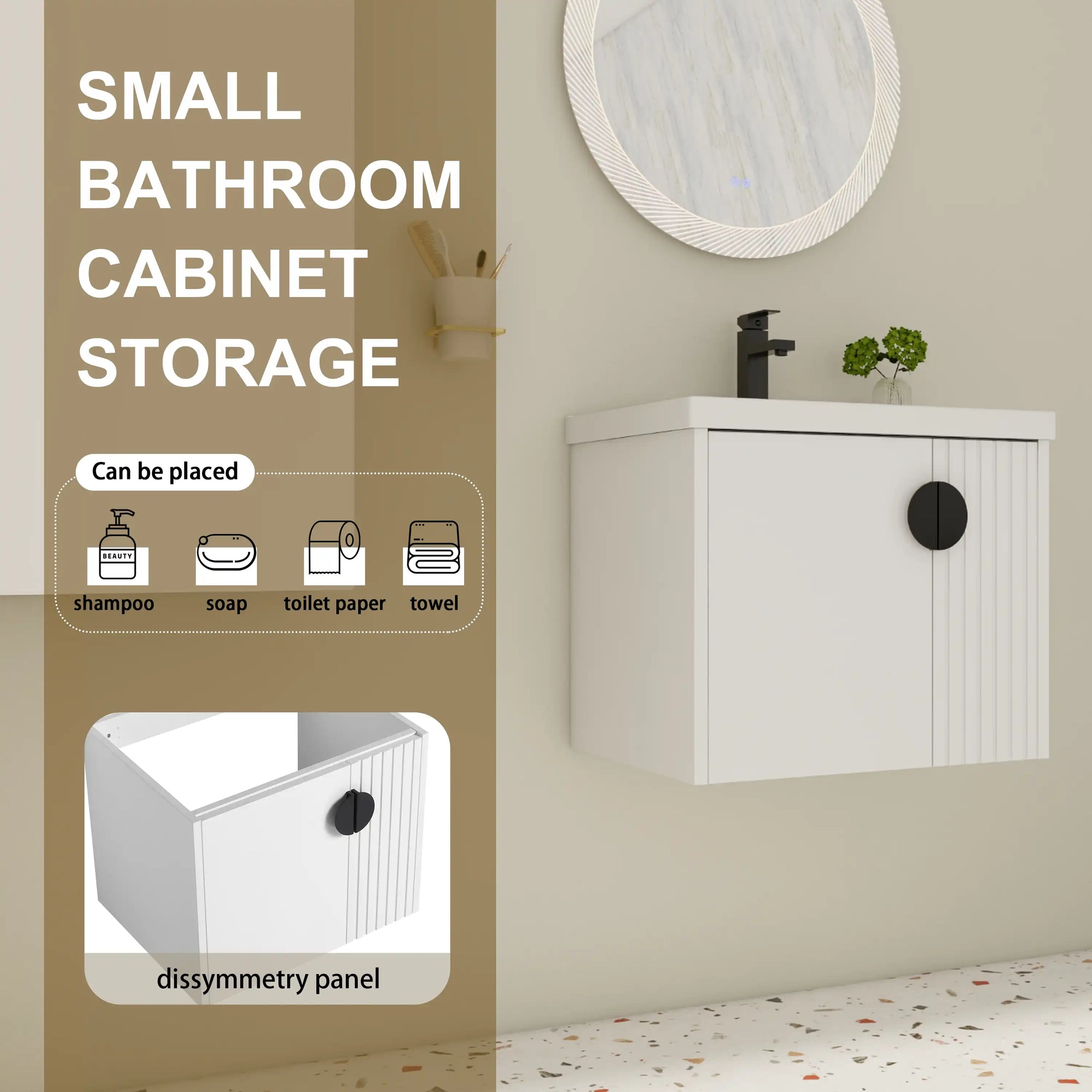 Small bathroom storage layout with floating bathroom vanity 24 inch wall mounted | Ace Decor