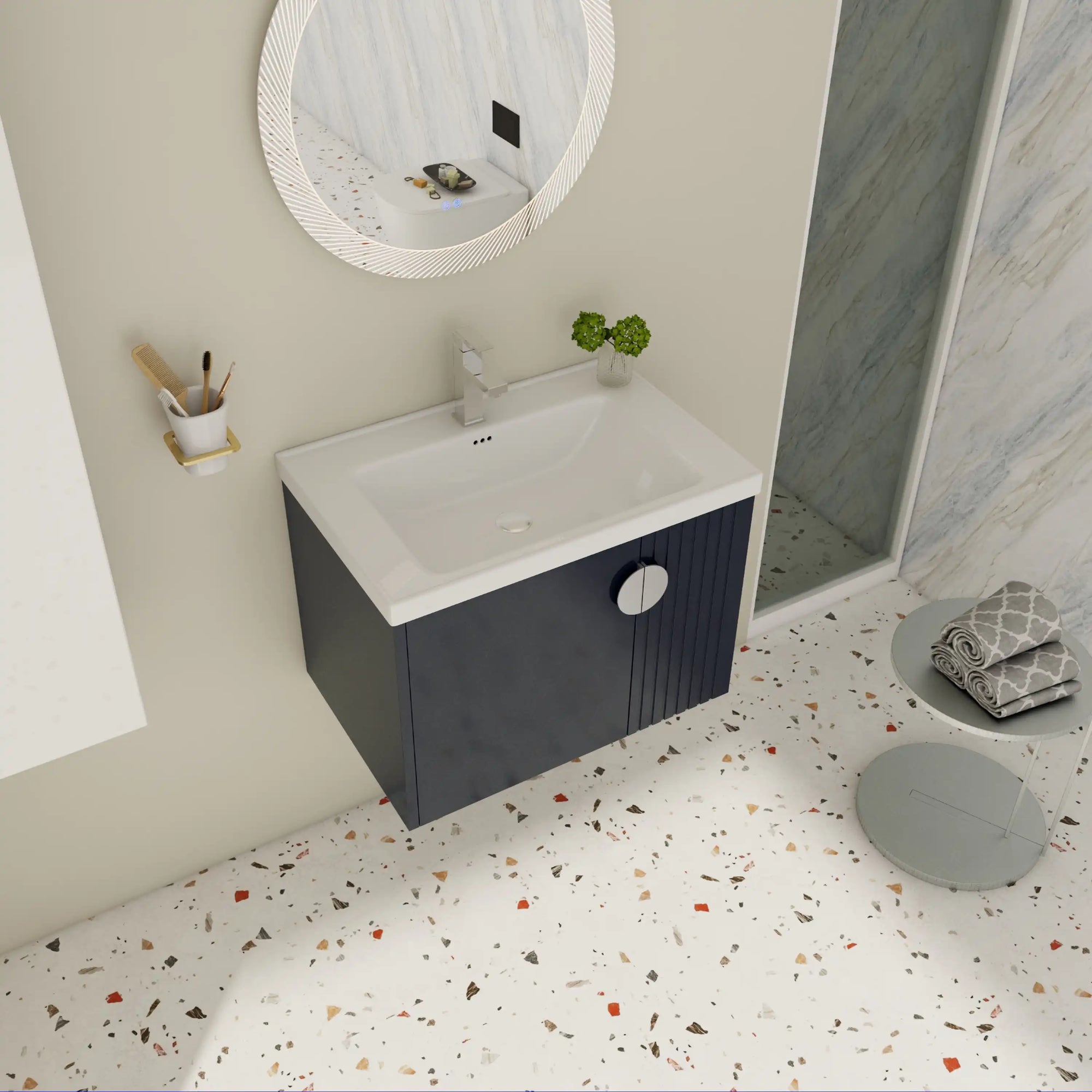 Angled view of 28 inch floating bathroom sink vanity showing fluted cabinet front and compact wall-mounted profile | Ace Decor