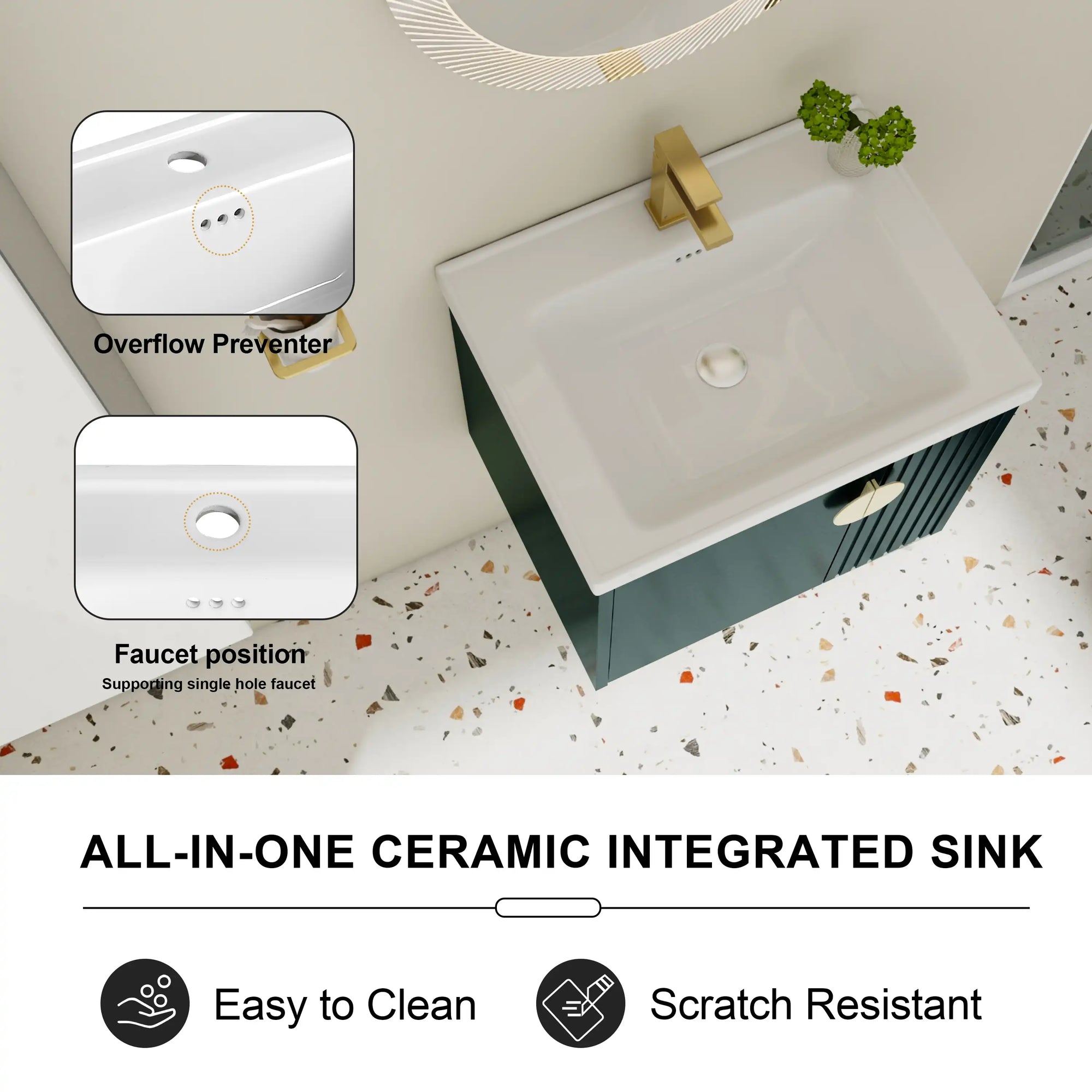 Green bathroom vanity with sink, 24 inch wall-mounted cabinet with integrated ceramic basin and brass handle, modern small bathroom design | Ace Decor