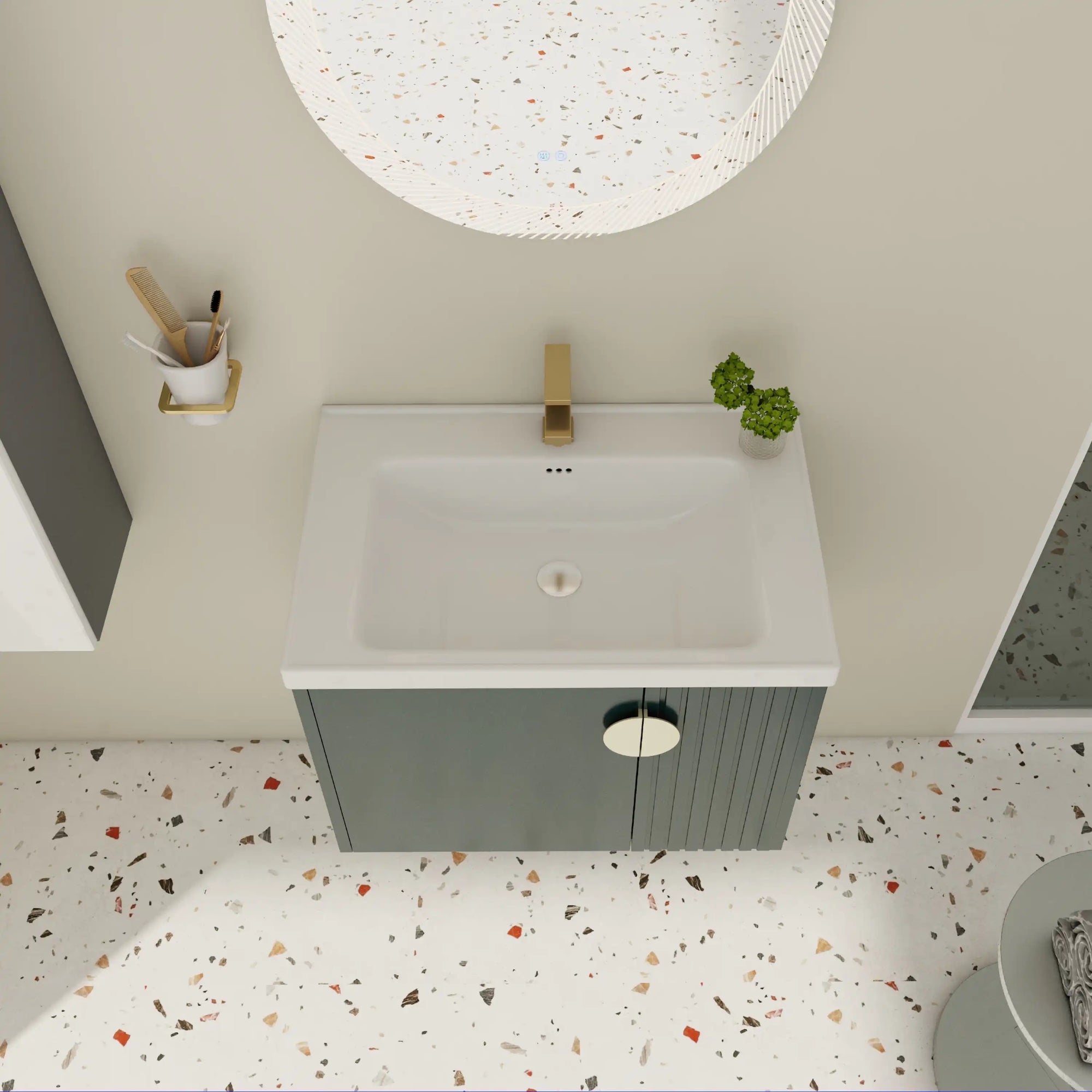 Top view of 28 inch floating vanity small bathroom featuring integrated ceramic sink and compact storage | Ace Decor