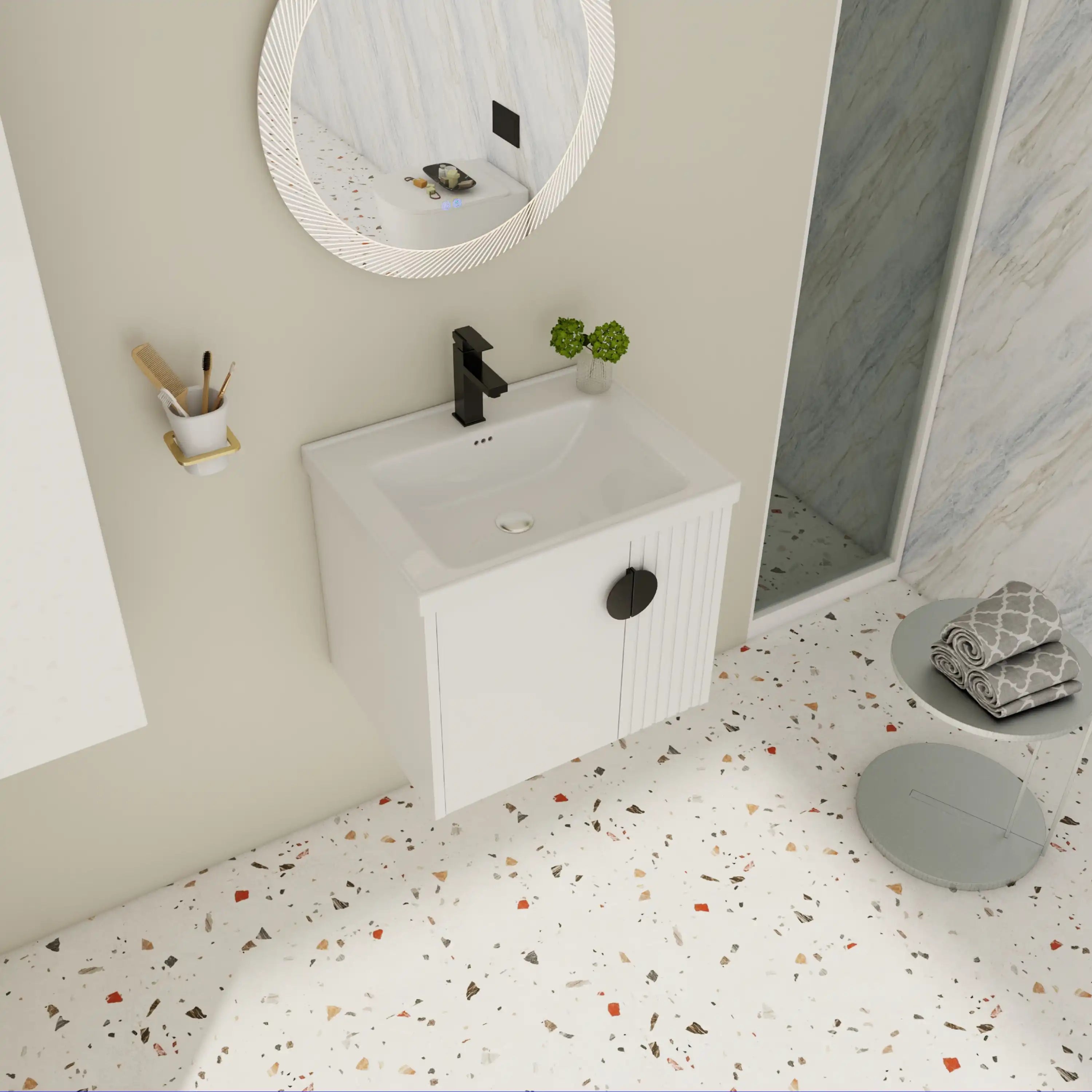 Installed Civetta-Fluted white floating bathroom vanity 24 inch in modern small bathroom.