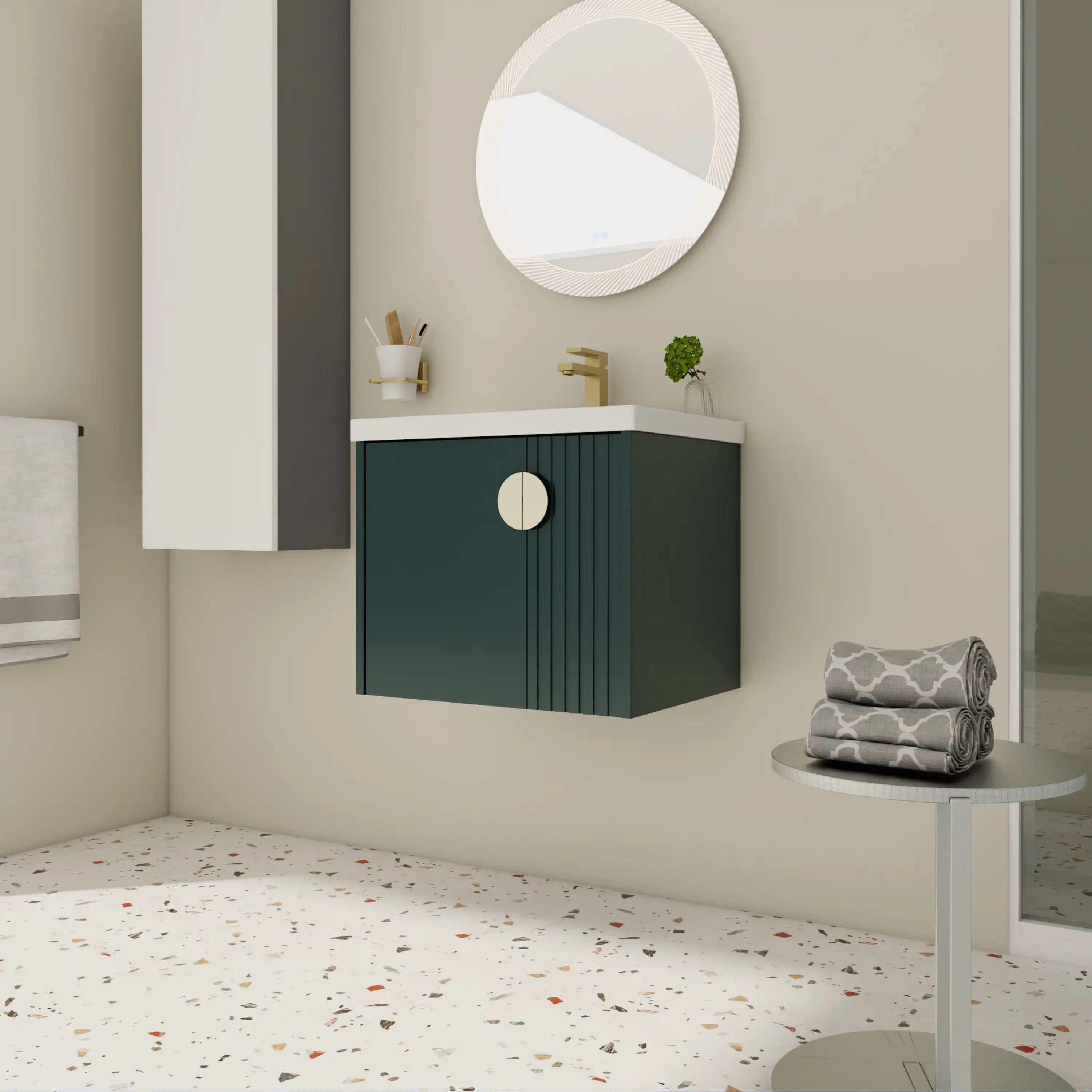 Civetta-Fluted Series 24 inch green bathroom vanity with sink in small modern bathroom.