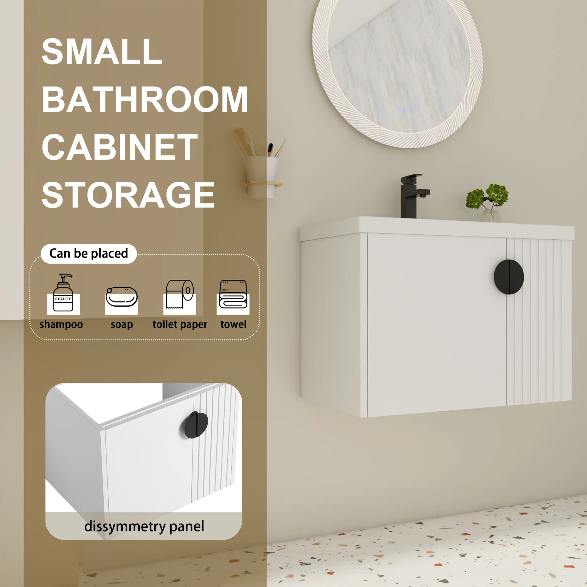 28 inch single floating vanity with compact cabinet storage for small bathrooms, wall-mounted design | Ace Decor