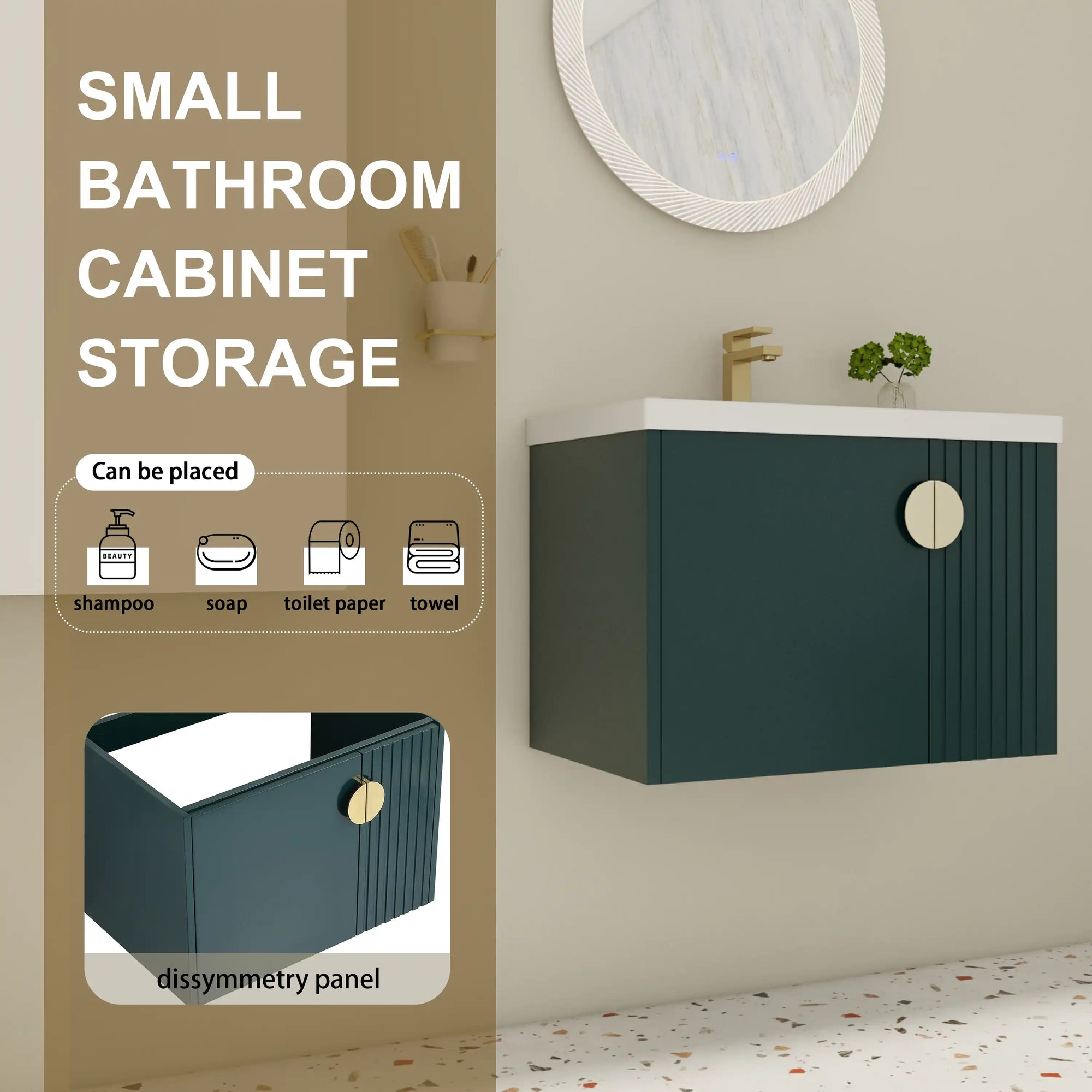 28 inch floating vanity small bathroom with integrated sink and storage icons, modern wall-mounted design | Ace Decor