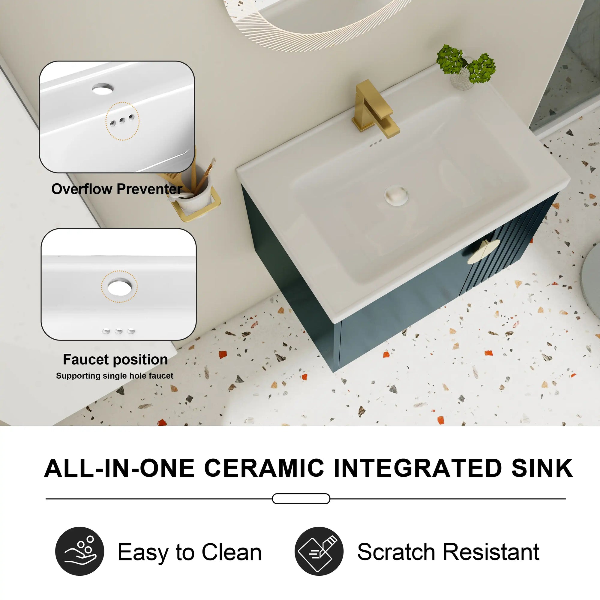 28 inch floating vanity small bathroom with ceramic integrated sink and scratch-resistant surface detail | Ace Decor