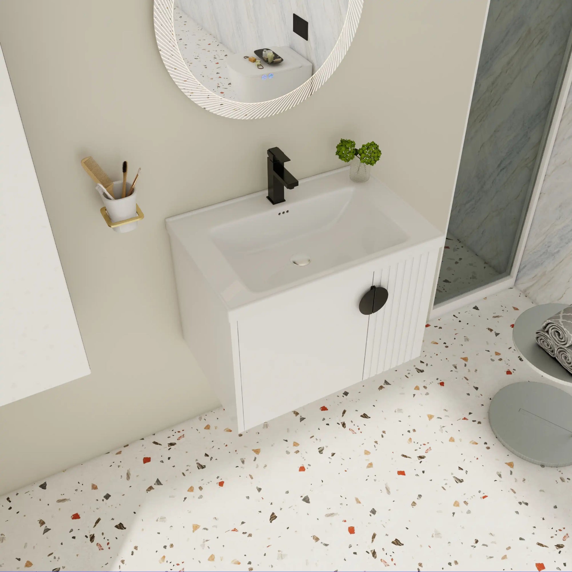 28 inch single floating vanity with integrated ceramic sink in a modern bathroom setting | Ace Decor