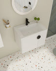 28 inch single floating vanity with integrated ceramic sink in a modern bathroom setting | Ace Decor