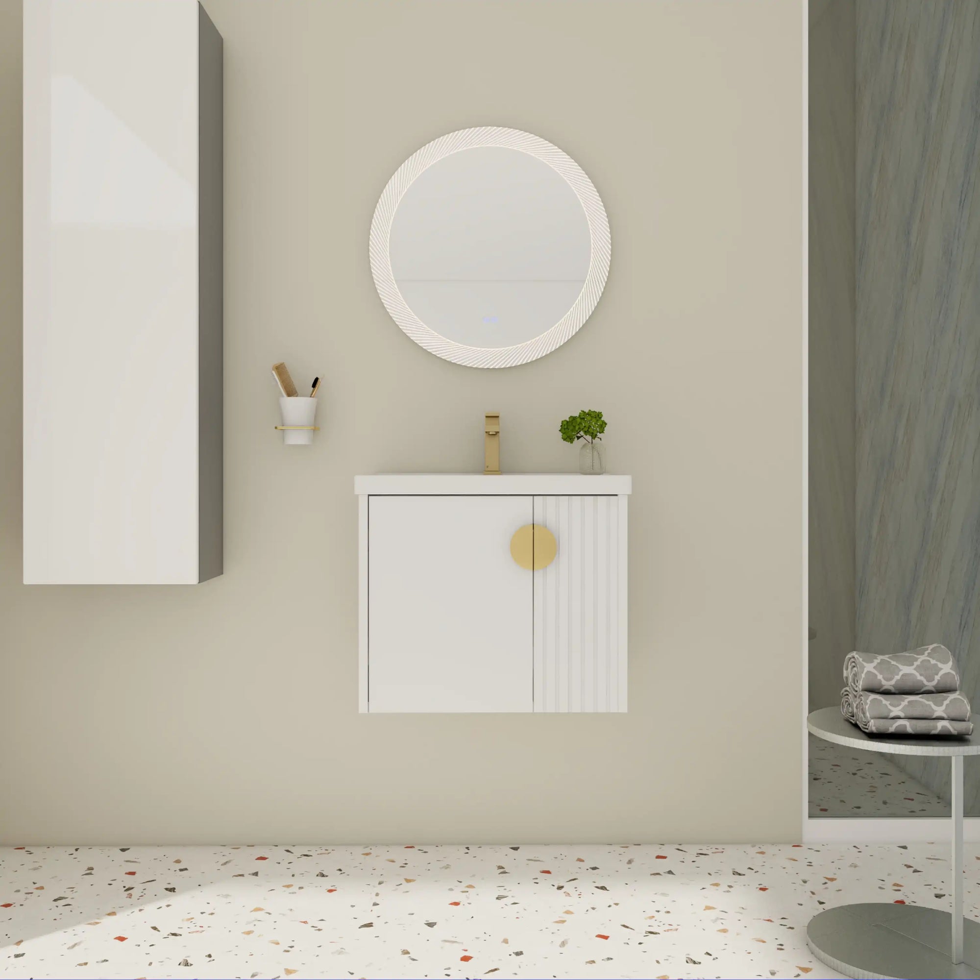 Front view of floating bathroom vanity 24 inch with fluted door design | Ace Decor