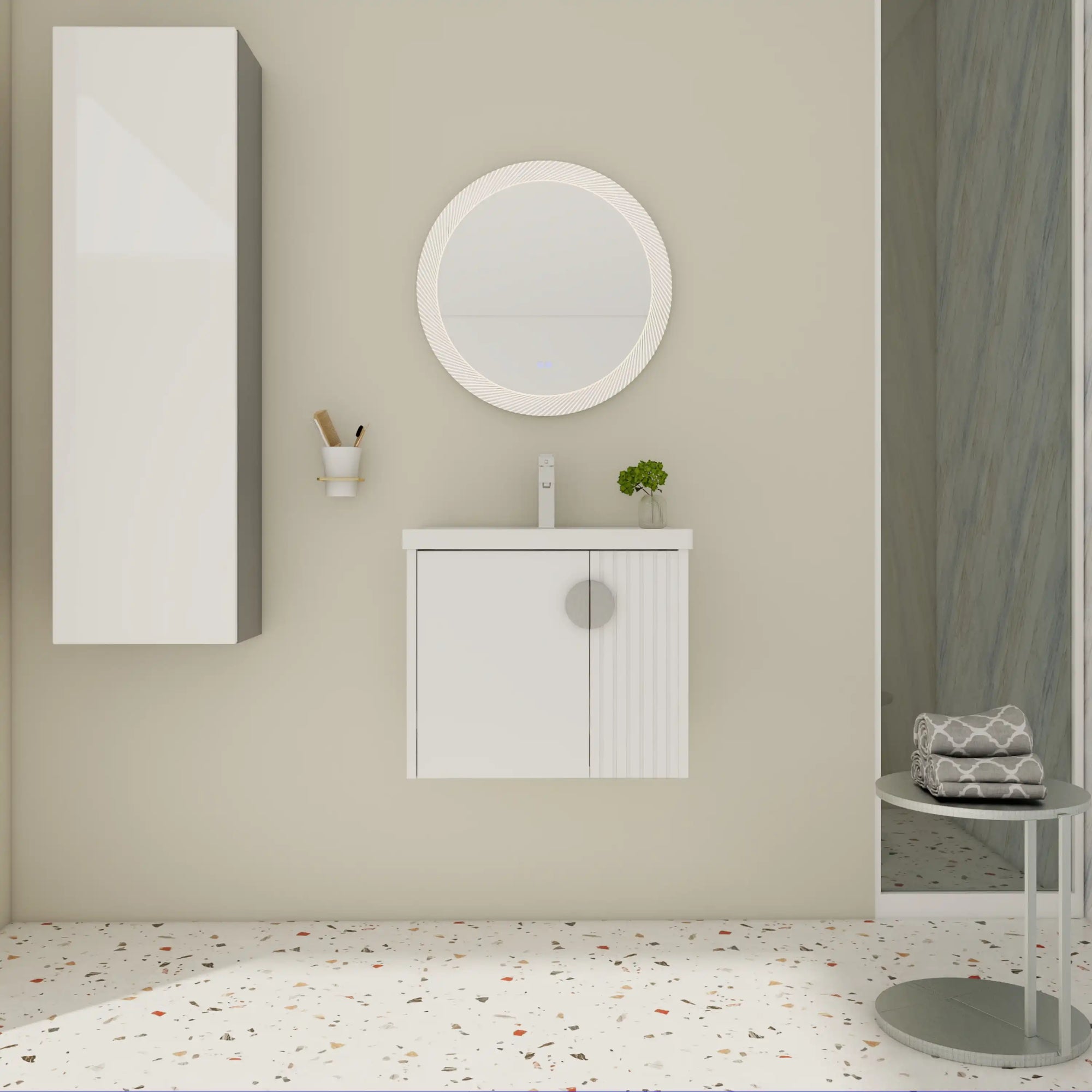 Modern floating bathroom vanity 24 inch with white integrated sink and wall-mounted storage, 24 inch size | Ace Decor
