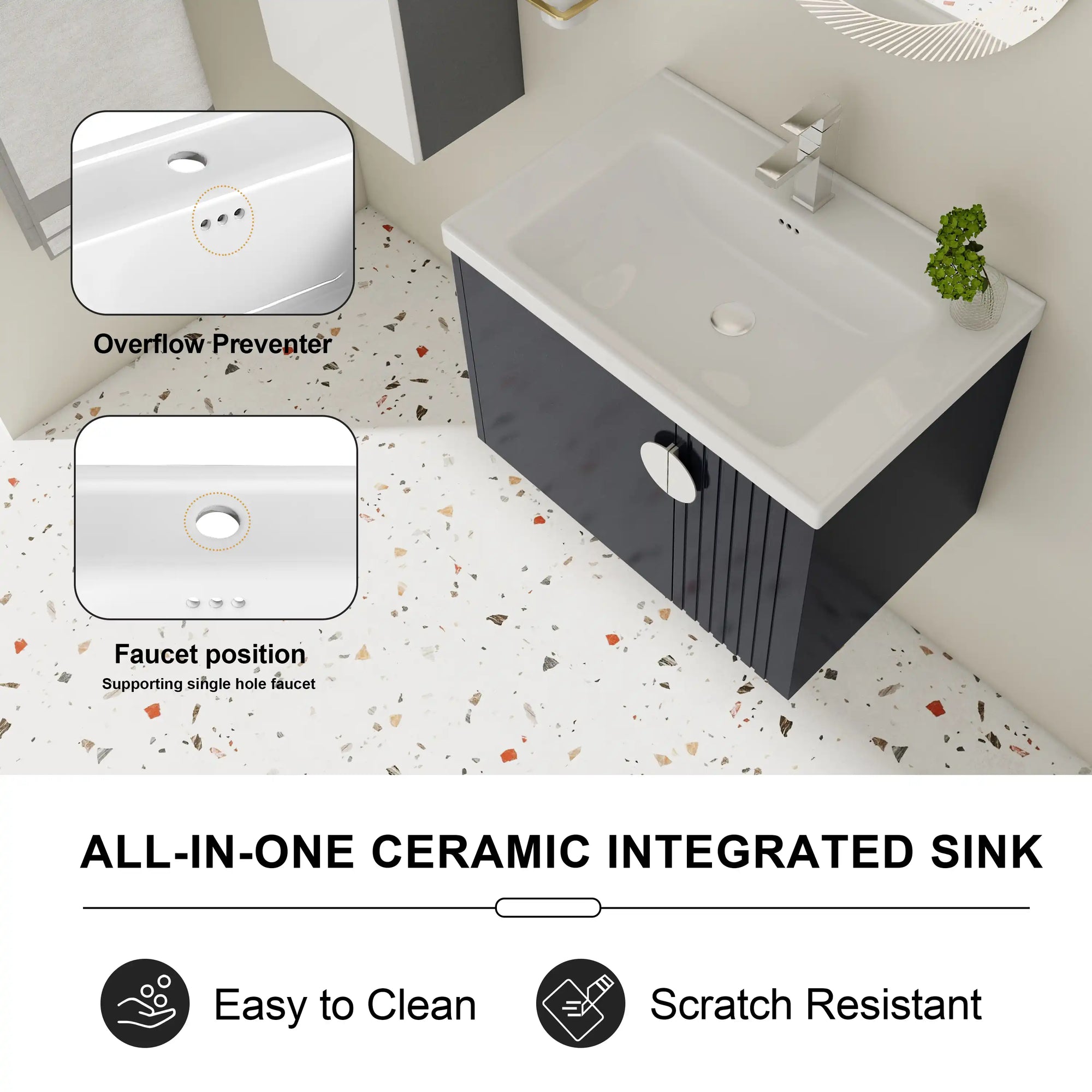28 inch floating bathroom sink vanity with integrated ceramic sink featuring overflow prevention and easy-clean surface | Ace Decor