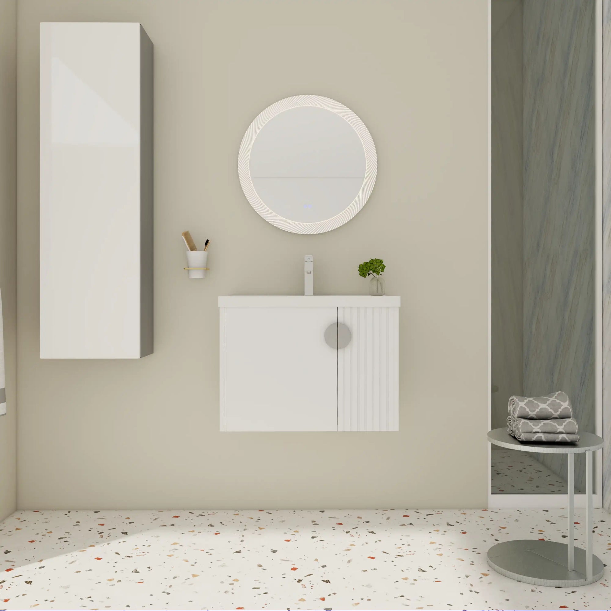 28 inch single floating vanity wall-mounted design with fluted front and compact storage | Ace Decor