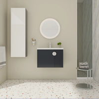 28 inch floating bathroom sink vanity with wall-mounted design and modern fluted cabinet in a small bathroom setting | Ace Decor