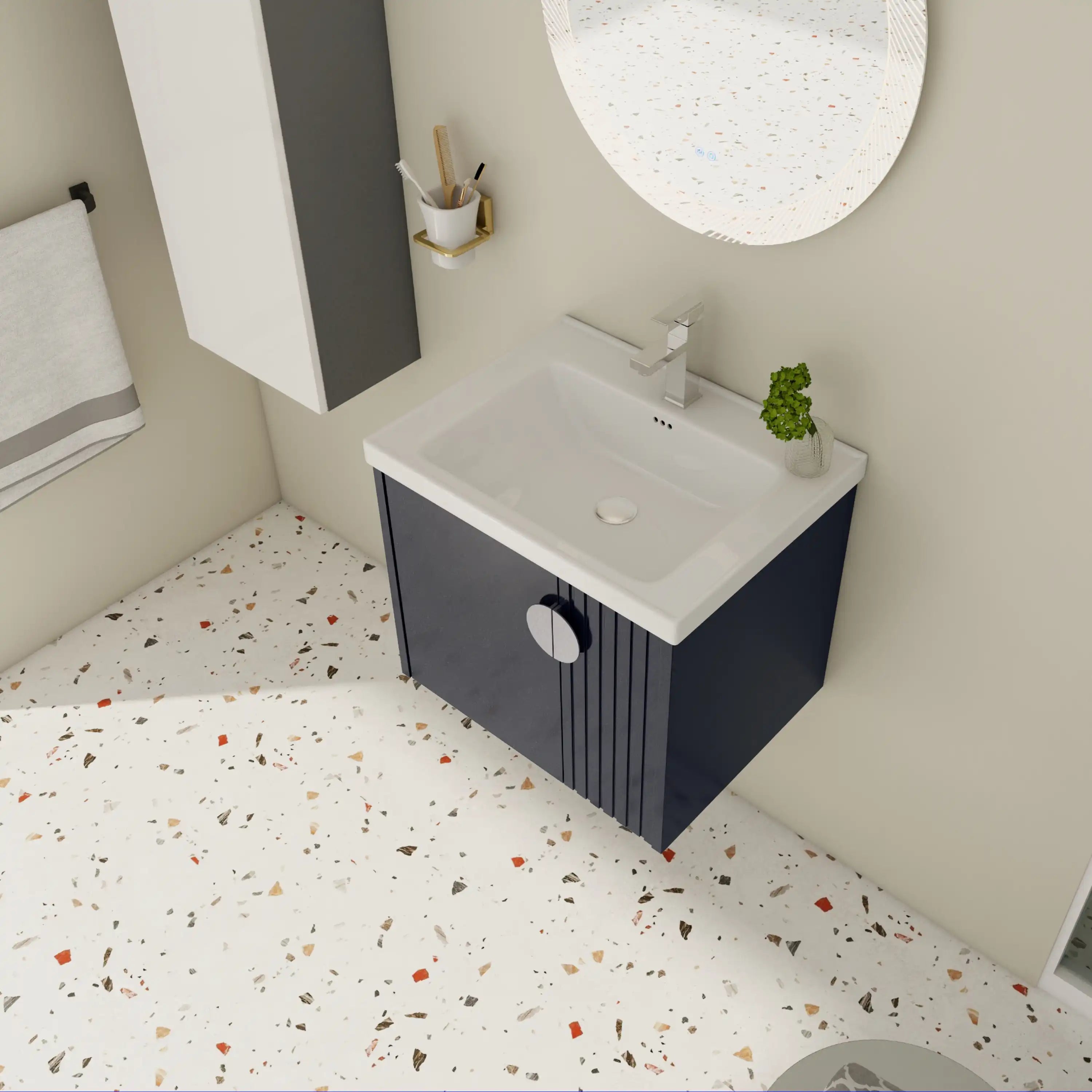Top-down view of the Civetta-Fluted 24" bathroom vanity with chrome faucet and round mirror.