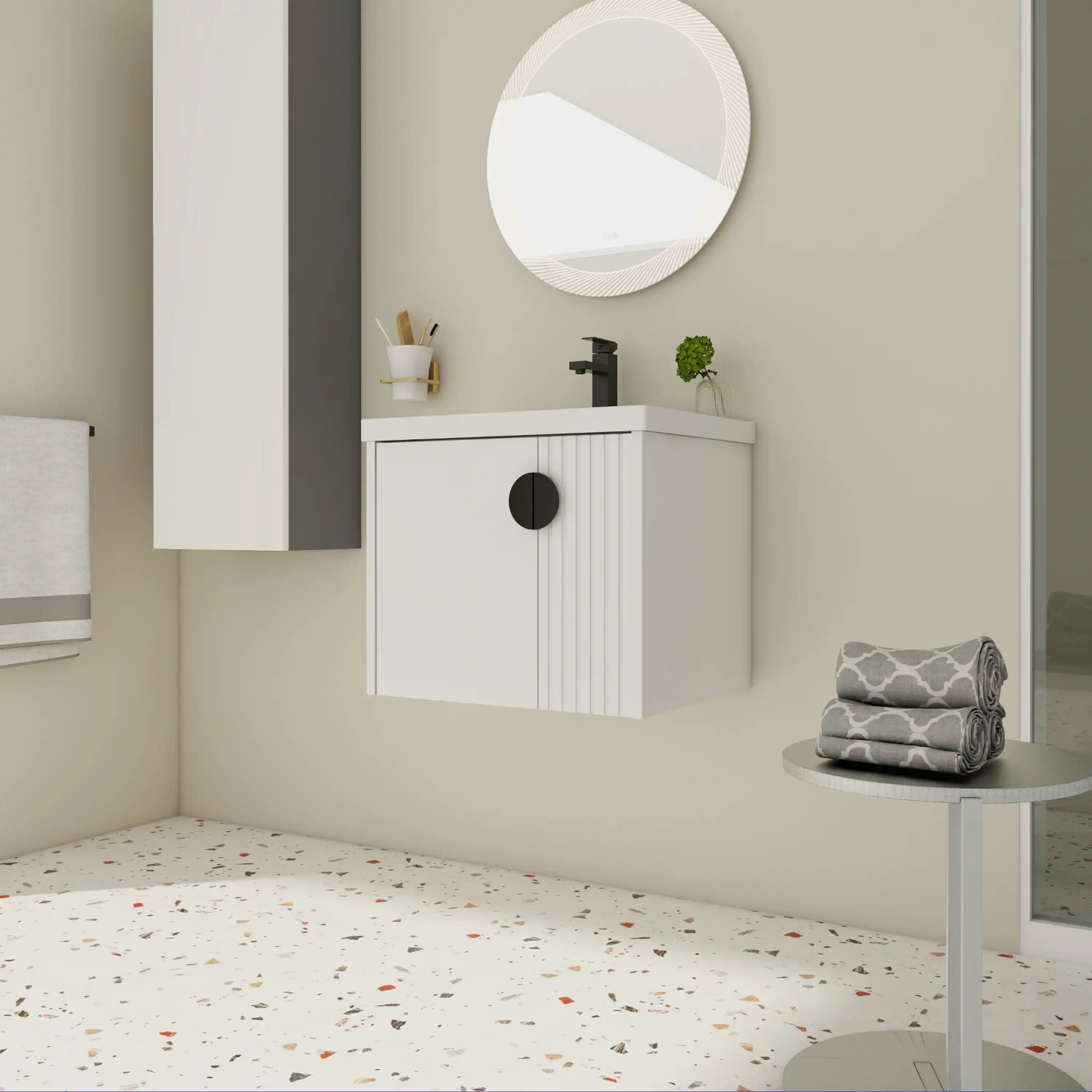Floating bathroom vanity with fluted panel and matte black fixtures, compact 24 inch wall-mounted design.
