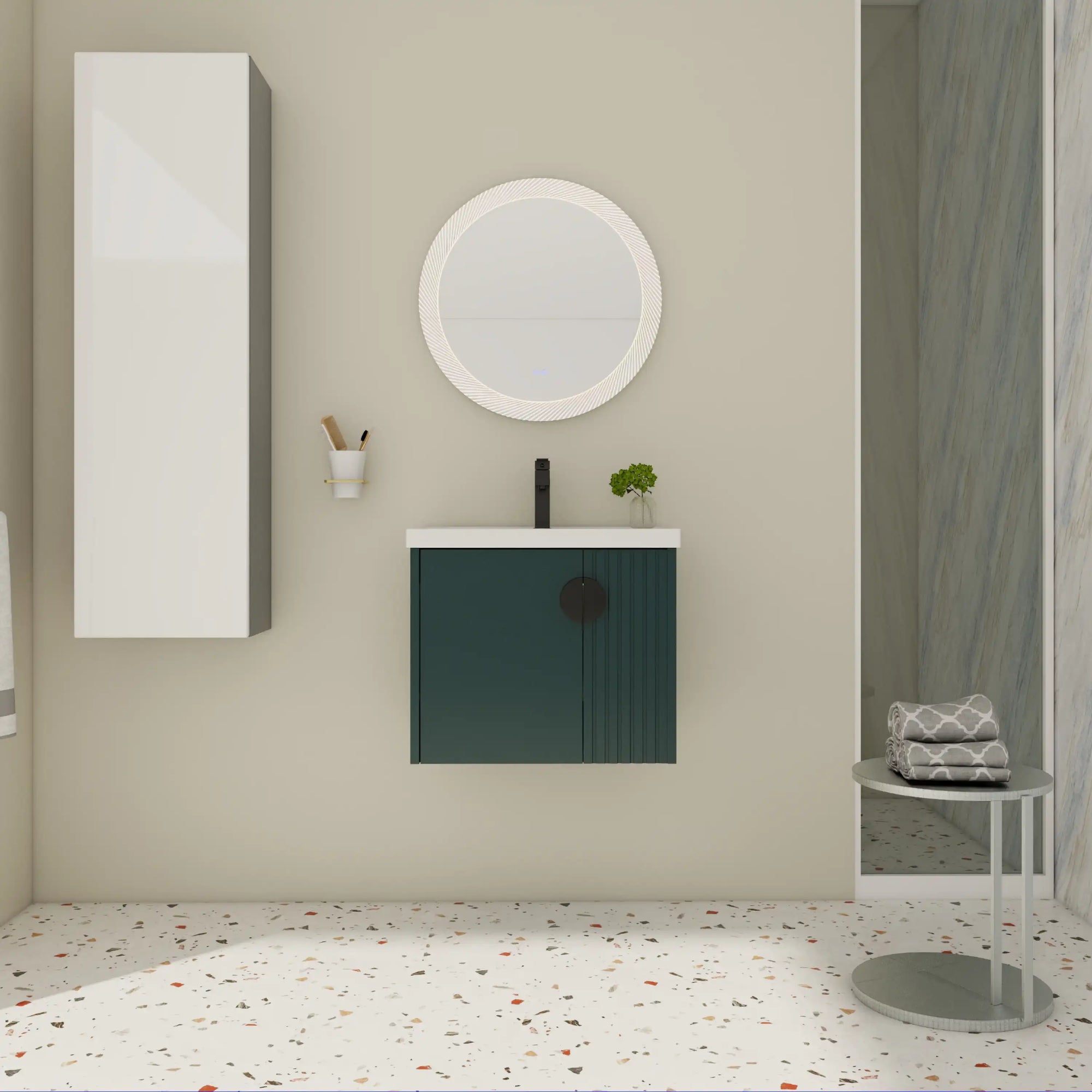 24 inch green bathroom vanity with sink featuring floating installation and fluted cabinet front for small bathrooms | Ace Decor