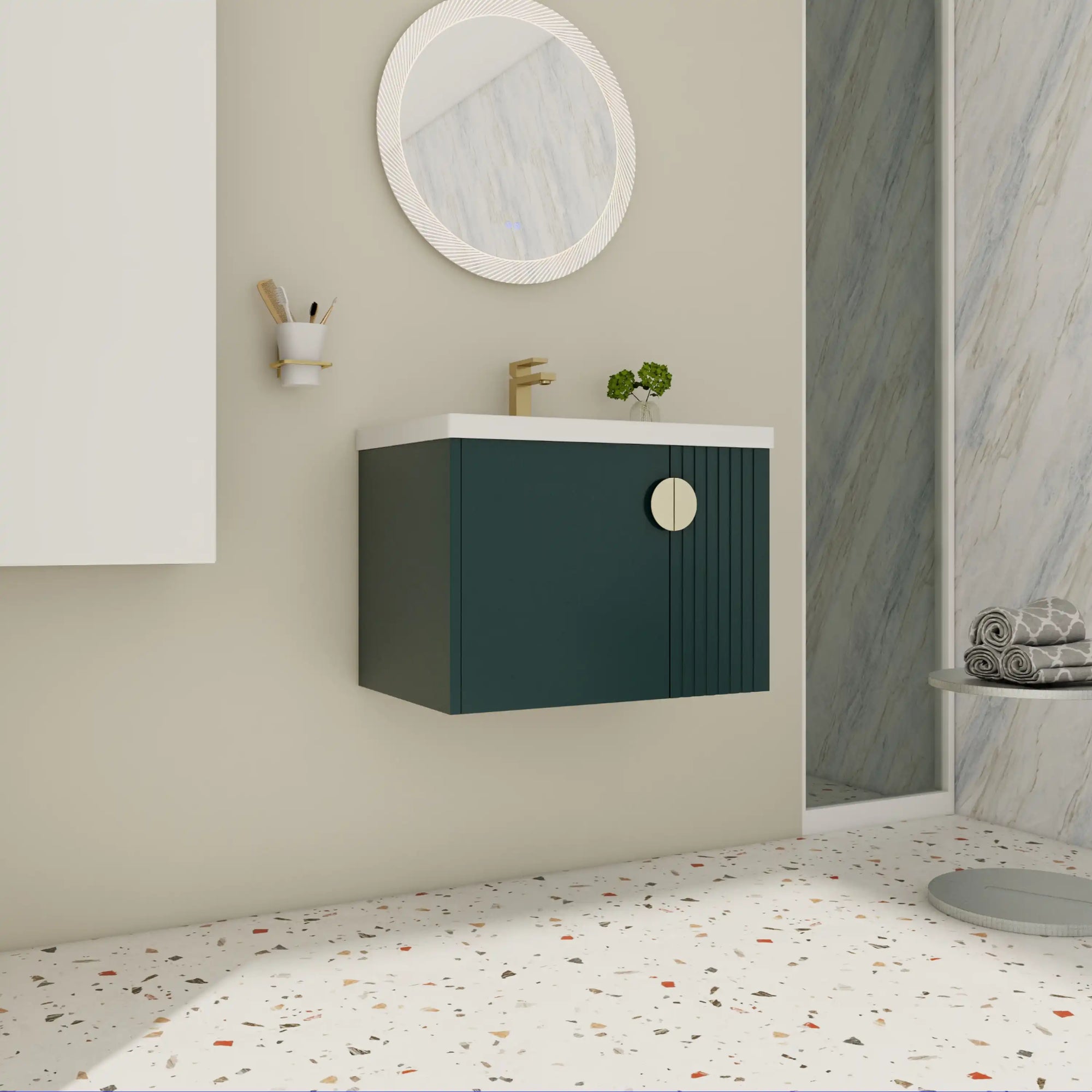 28 inch floating vanity small bathroom with green fluted cabinet and integrated sink, wall-mounted modern design | Ace Decor