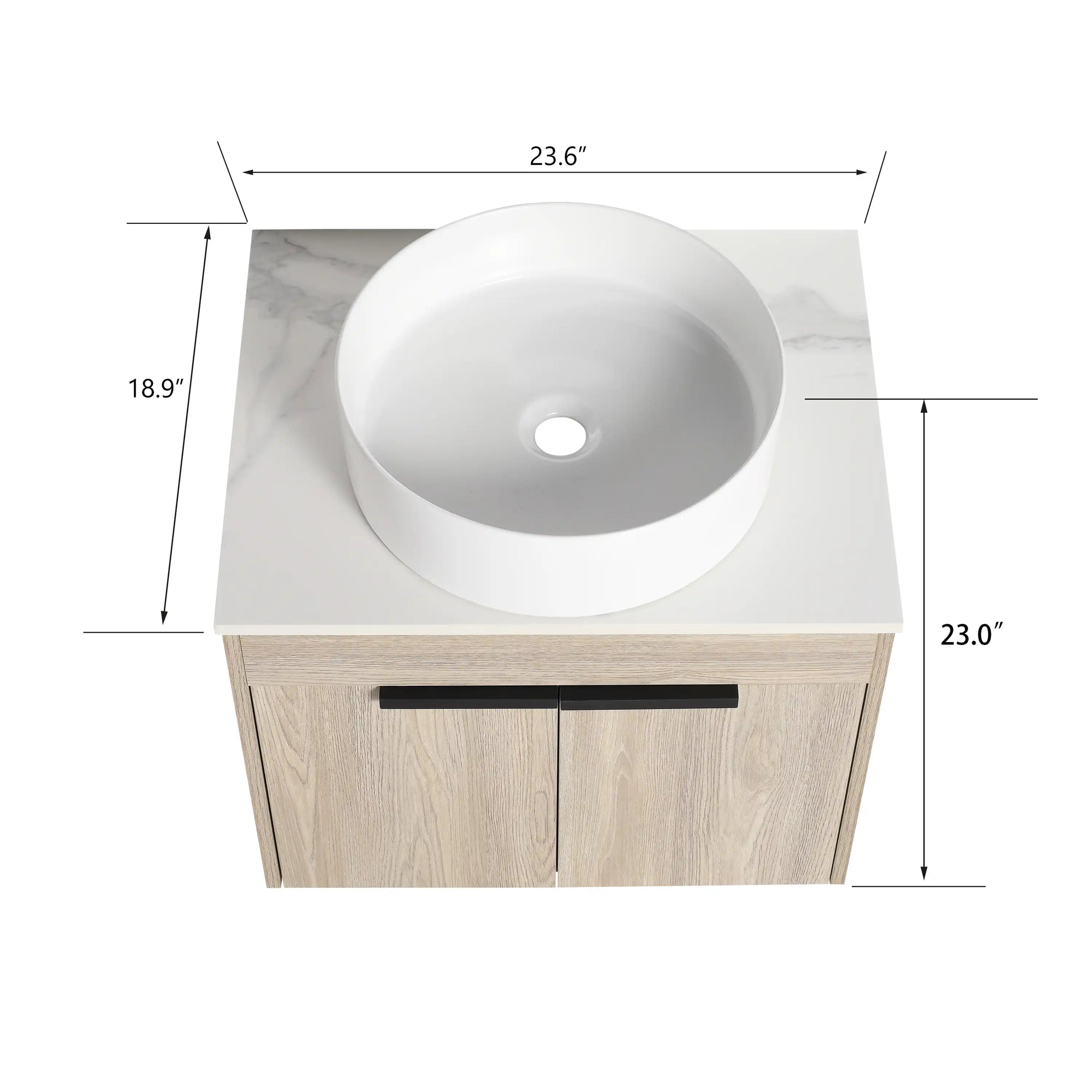 Top view with dimensions of 24 inch bathroom vanity with vessel sink 24" round ceramic basin | Ace Decor