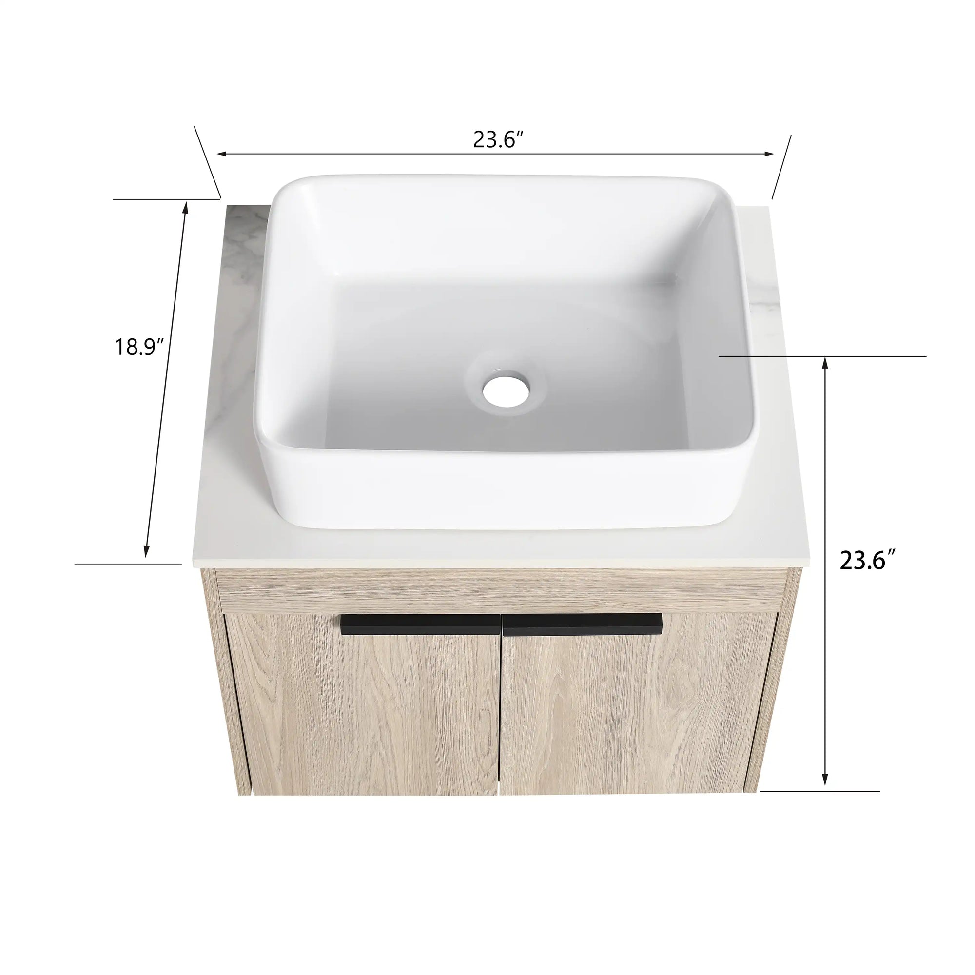 Top view of 24" single vessel sink vanity with dimension details and square basin | Ace Decor