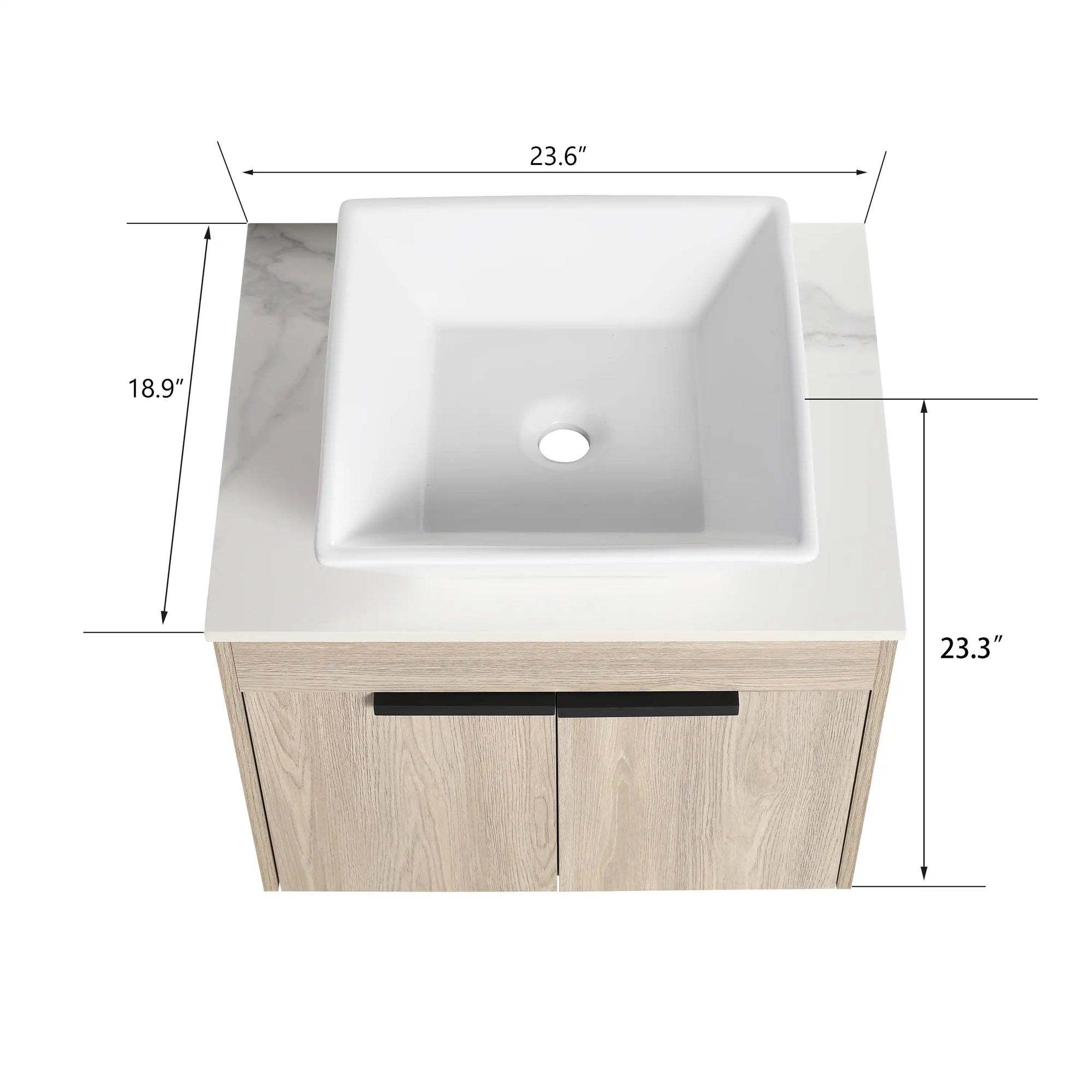 Top view with dimensions of 24" small vessel sink vanity and square ceramic basin | Ace Decor