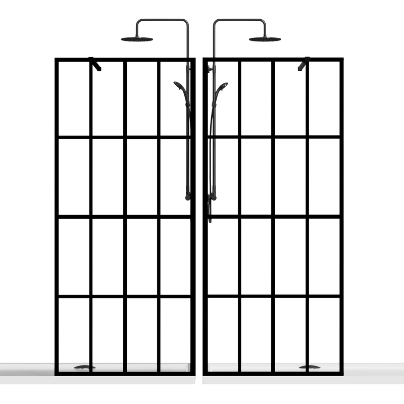 46" x 72" Frosted Glass Matte Black Panel Shower Door with Grid Frame & Stabilizer Bar