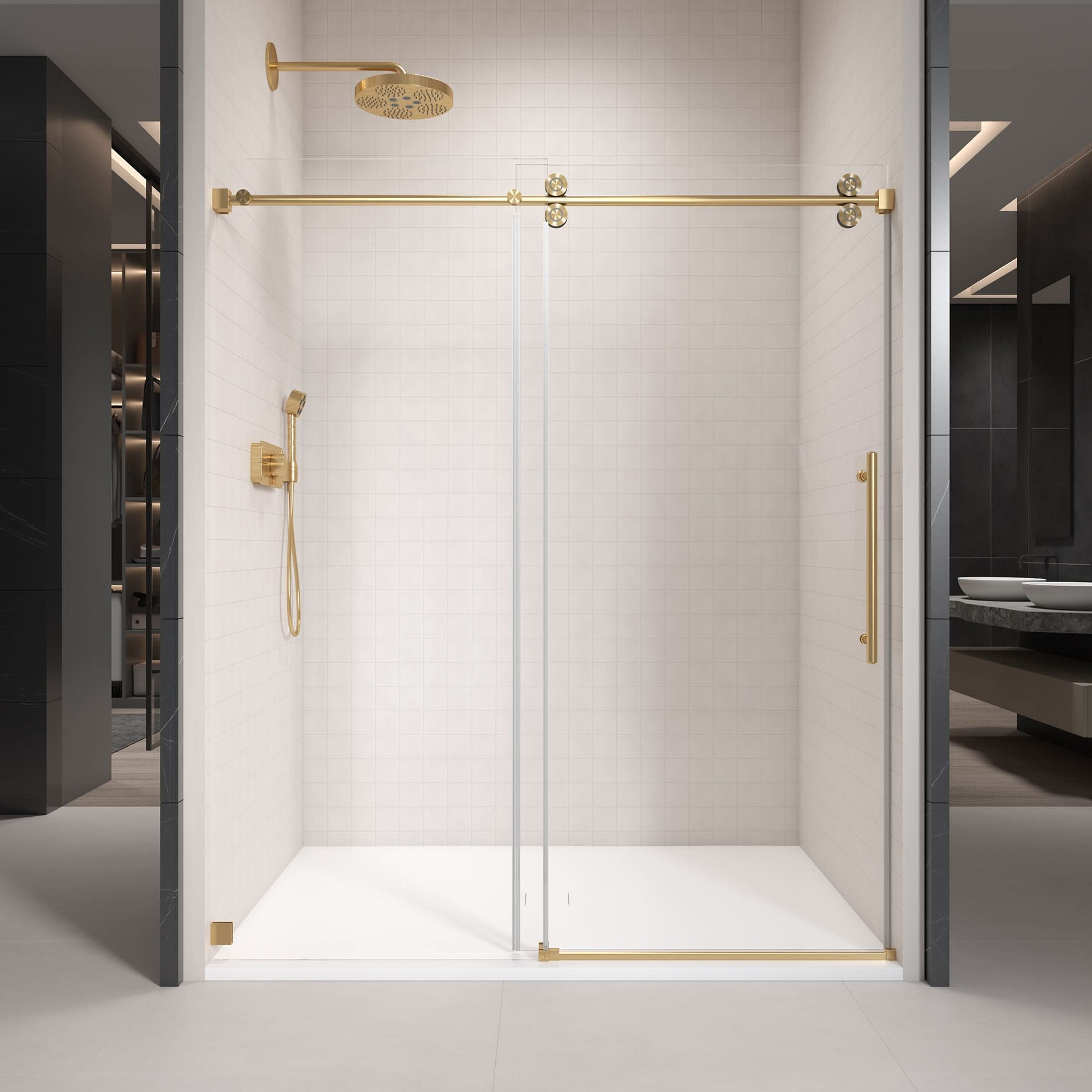 Gorgeous Single Sliding Frameless Shower Door With 3/8 Inch Clear Glass color:brushed gold