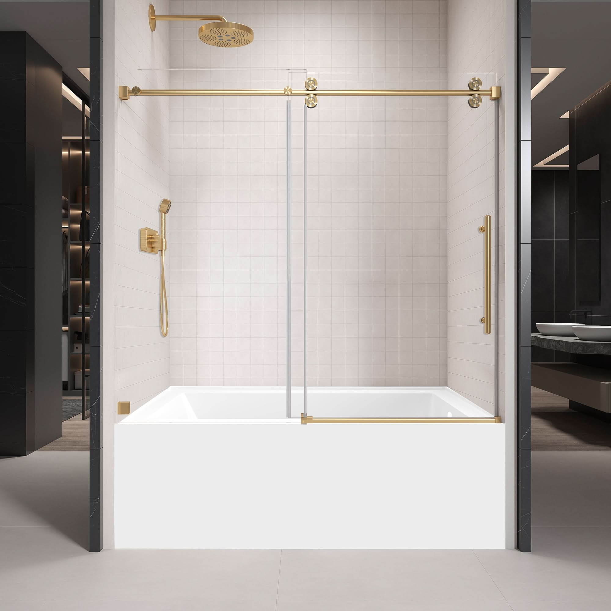 Gorgeous Single Sliding Frameless Tub Shower Door With 3/8 Inch Clear Glass color:brushed gold