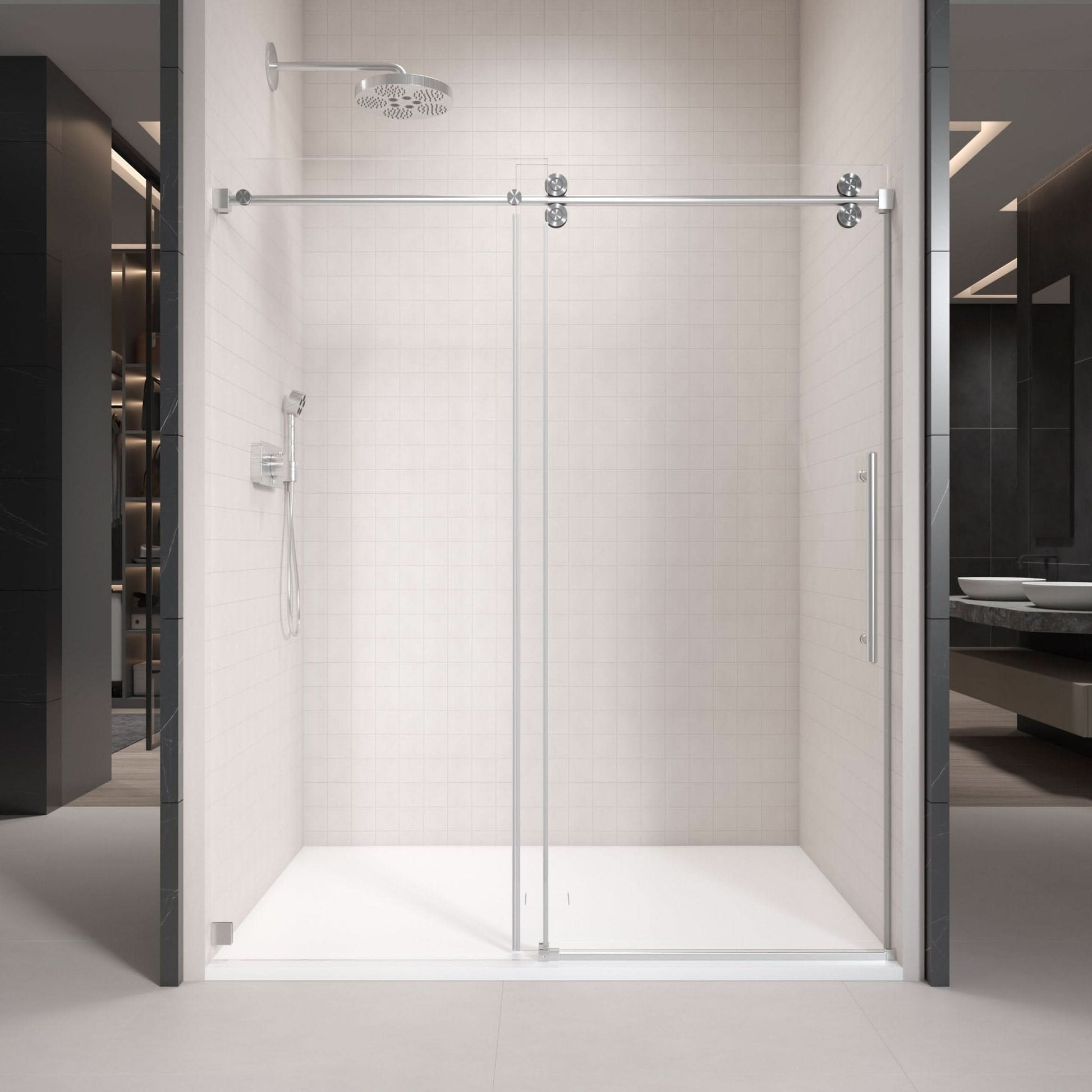 Gorgeous Single Sliding Frameless Shower Door With 3/8 Inch Clear Glass color:brushed nickel