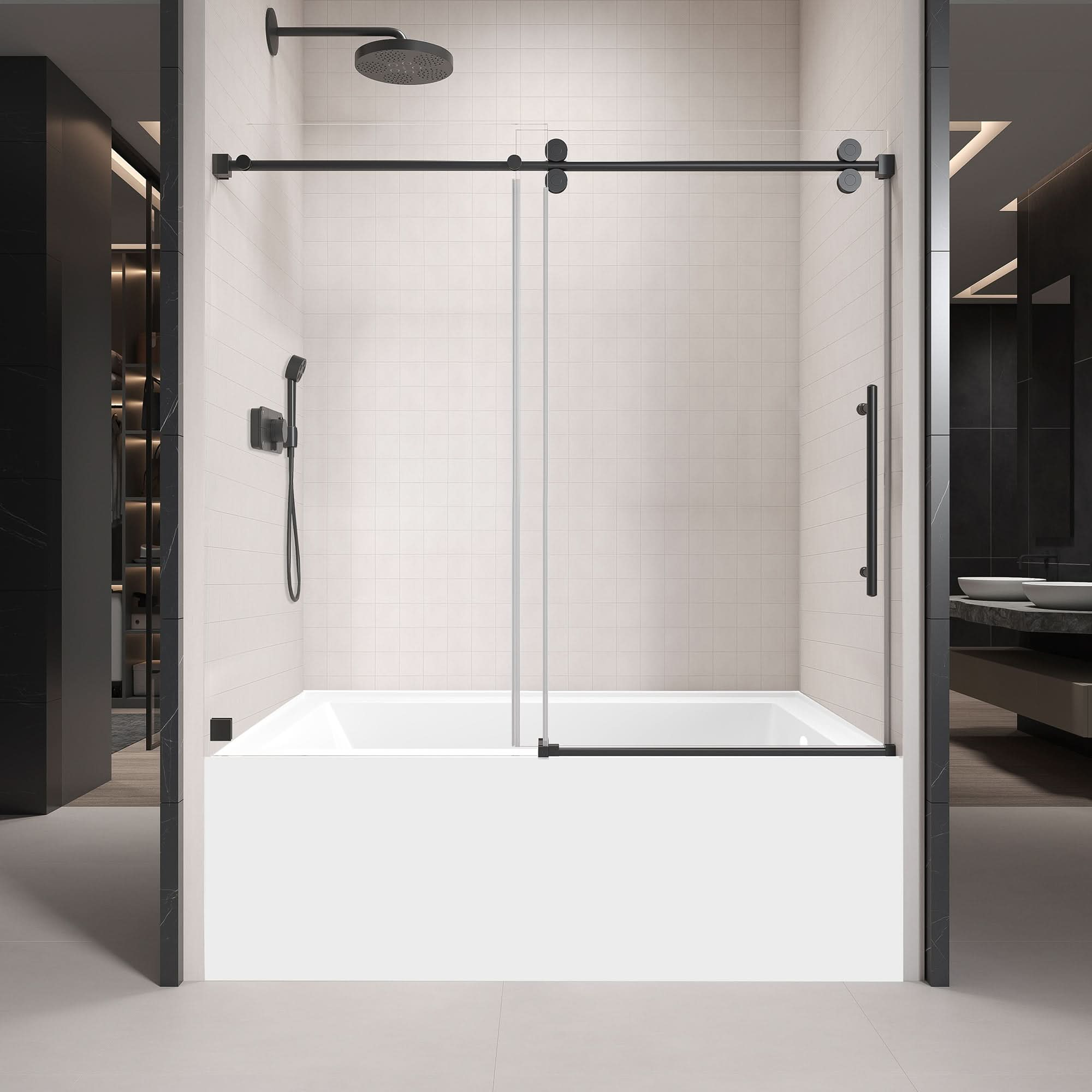 Gorgeous Single Sliding Frameless Tub Shower Door With 3/8 Inch Clear Glass color:matte black