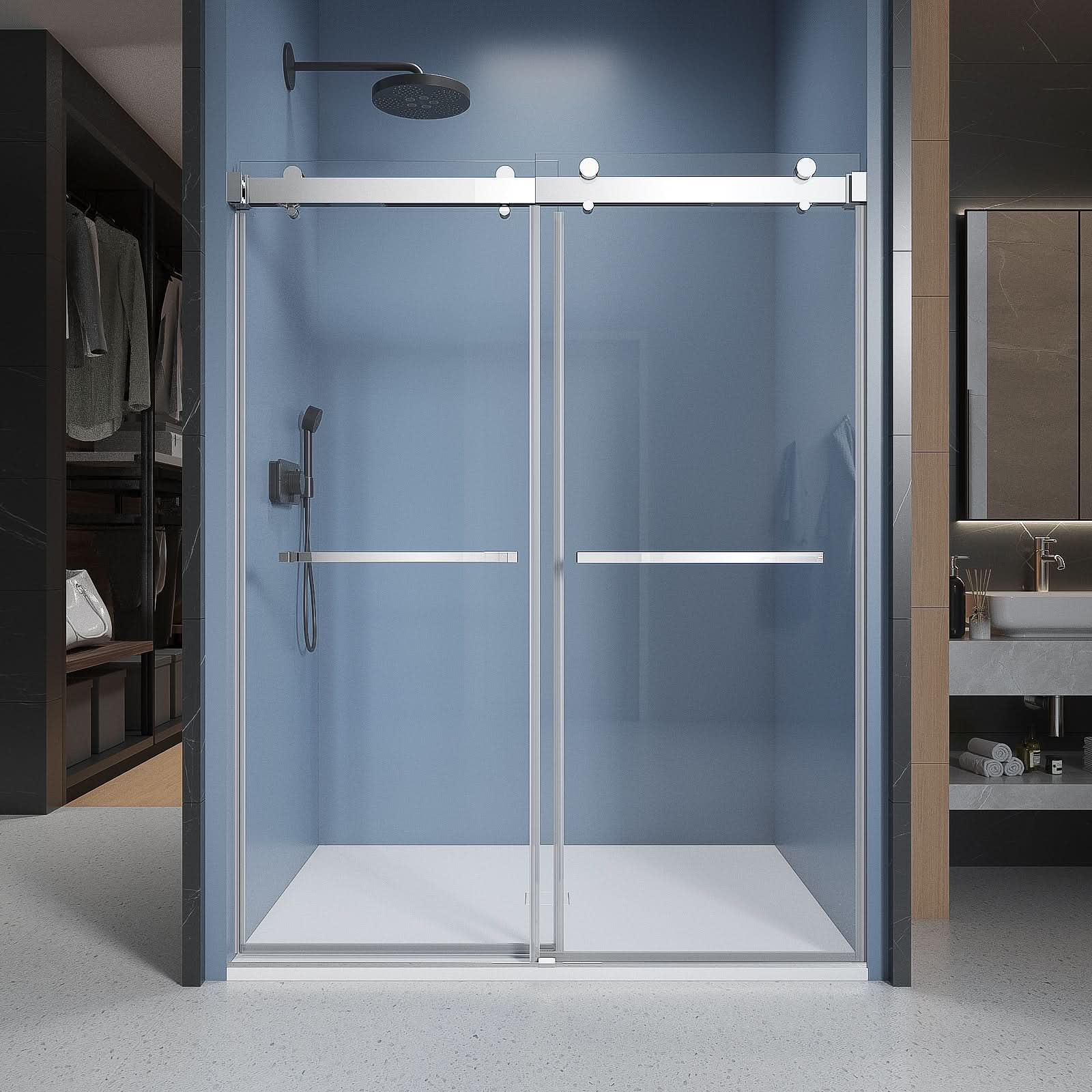 Gorgeous Soft-closing Double Sliding Frameless Shower Door With 3/8 Inch Clear Glass color:chrome