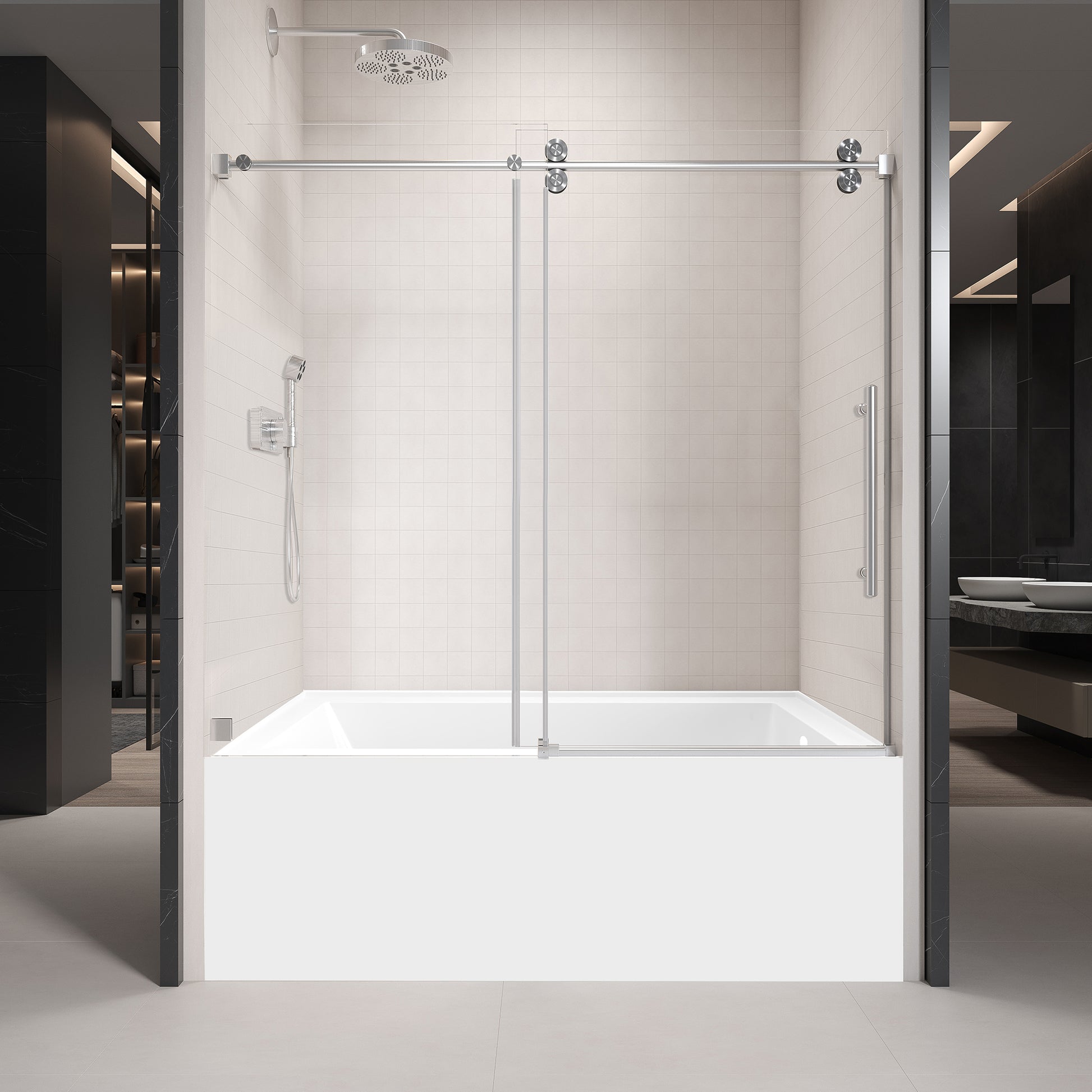 Gorgeous Single Sliding Frameless Tub Shower Door With 3/8 Inch Clear Glass color:brushed nickel