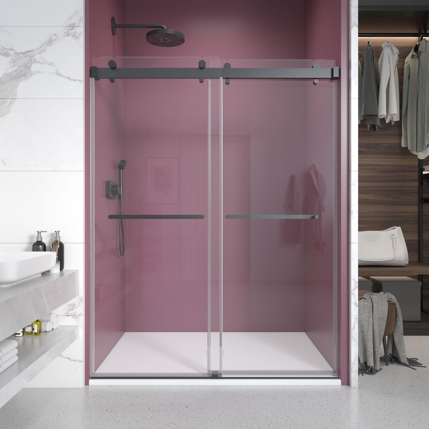 Gorgeous Double Sliding Frameless Shower Door With 3/8 Inch Clear Glass color:matte black