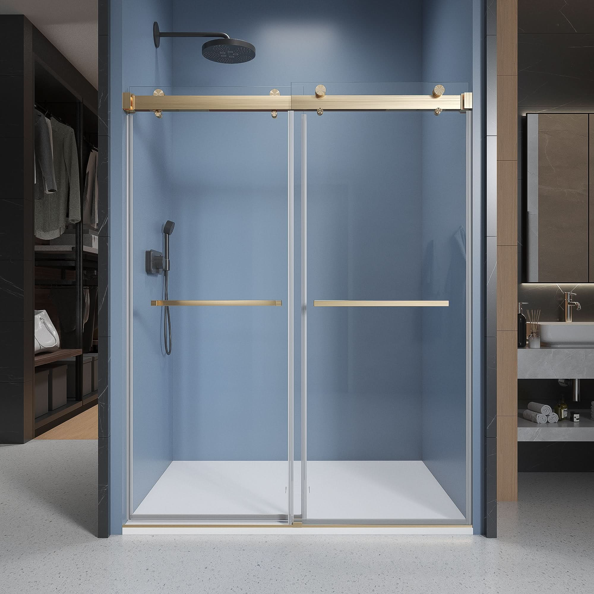 Gorgeous Soft-closing Double Sliding Frameless Shower Door With 3/8 Inch Clear Glass color:brushed gold