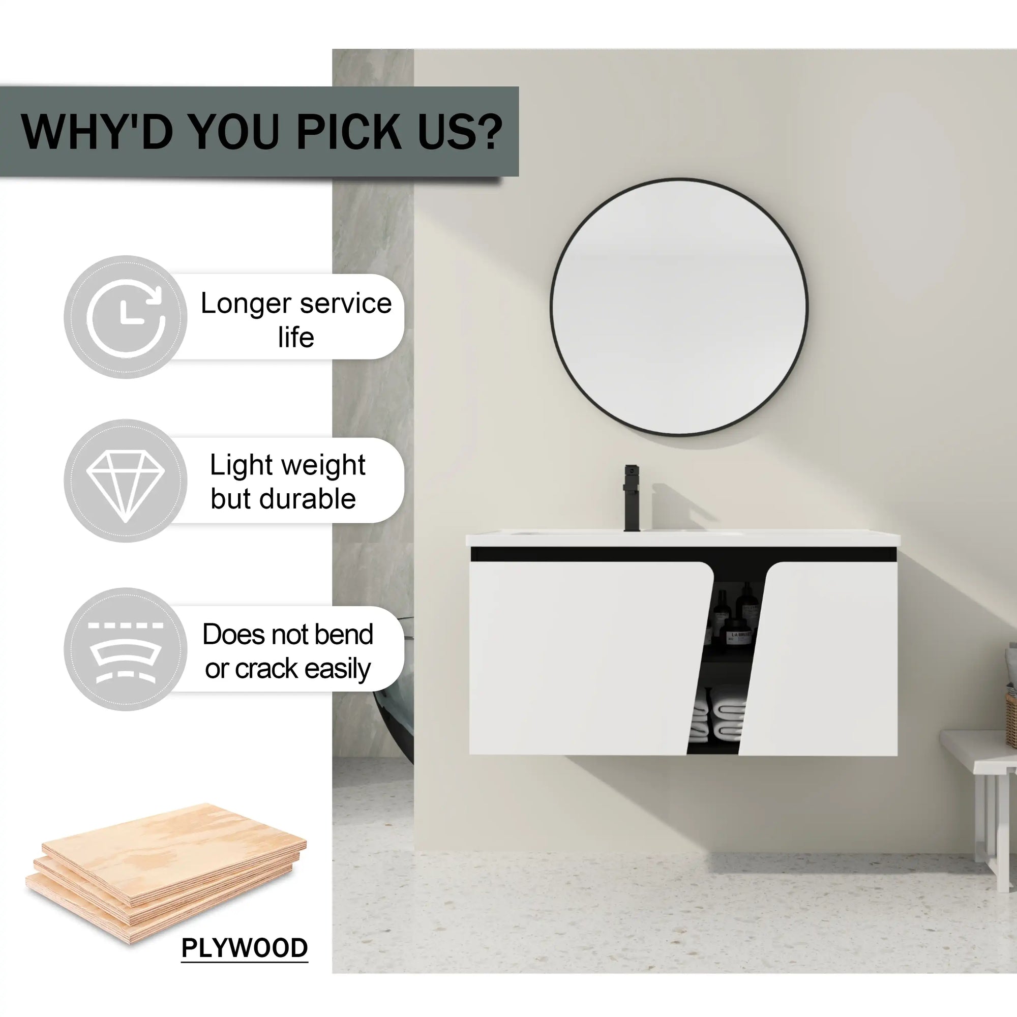 40" wall mounted vanity unit plywood construction feature graphic | Ace Decor